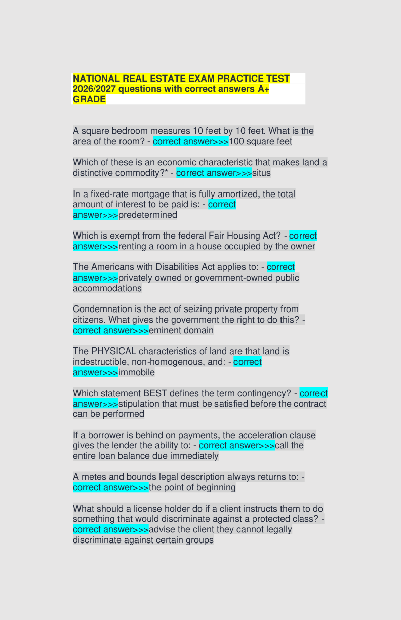 Preview of NATIONAL REAL ESTATE EXAM PRACTICE TEST 2026/2027 questions with correct answers A+ GRADE