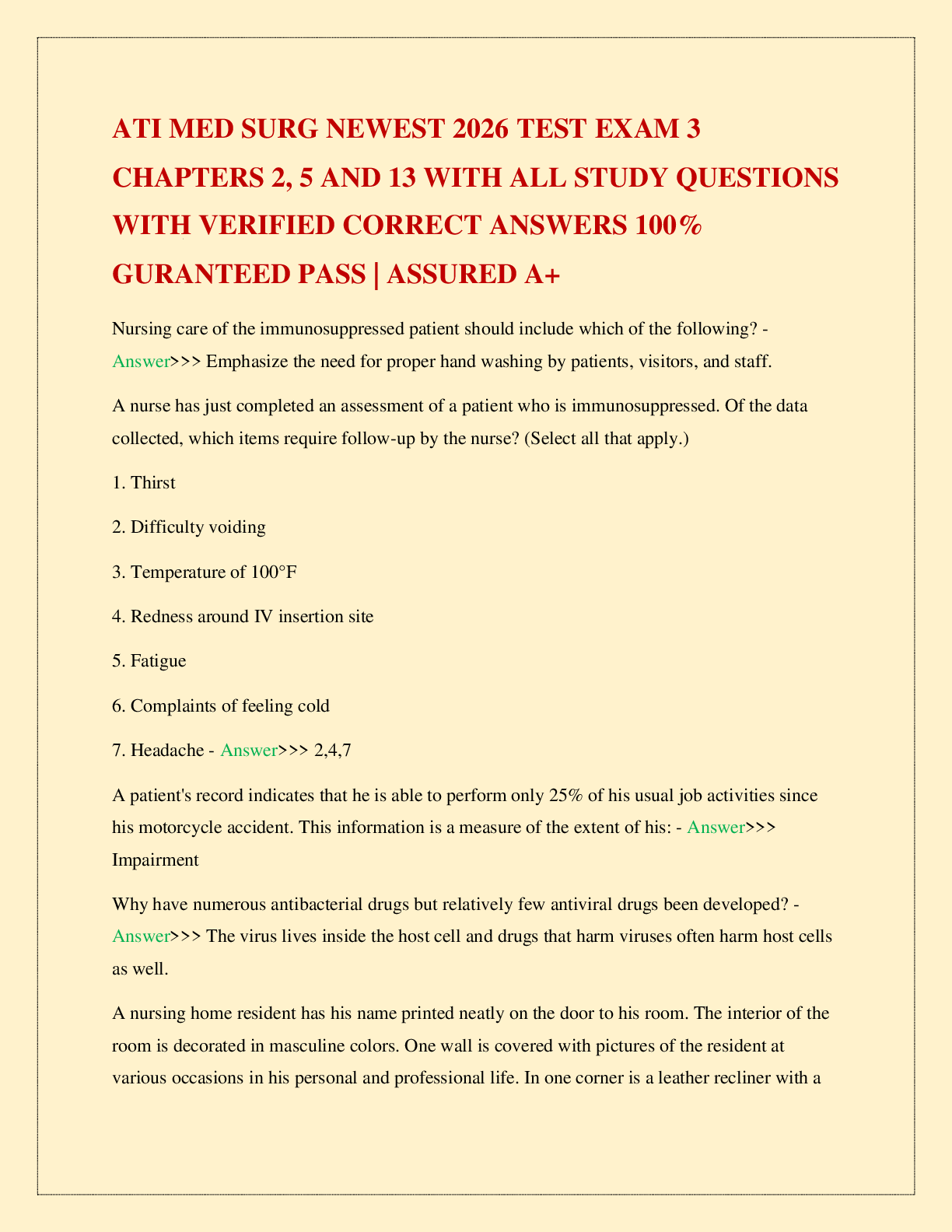 Recommended document preview for ATI MED SURG NEWEST 2026 TEST EXAM 3 CHAPTERS 2, 5 AND 13 WITH ALL STUDY QUESTIONS WITH VERIFIED CORRECT ANSWERS 100% GURANTEED PASS | ASSURED A+