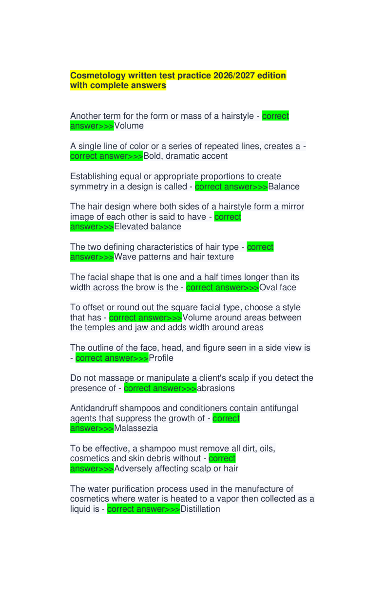 Preview of Cosmetology written test practice 2026/2027 edition with complete answers