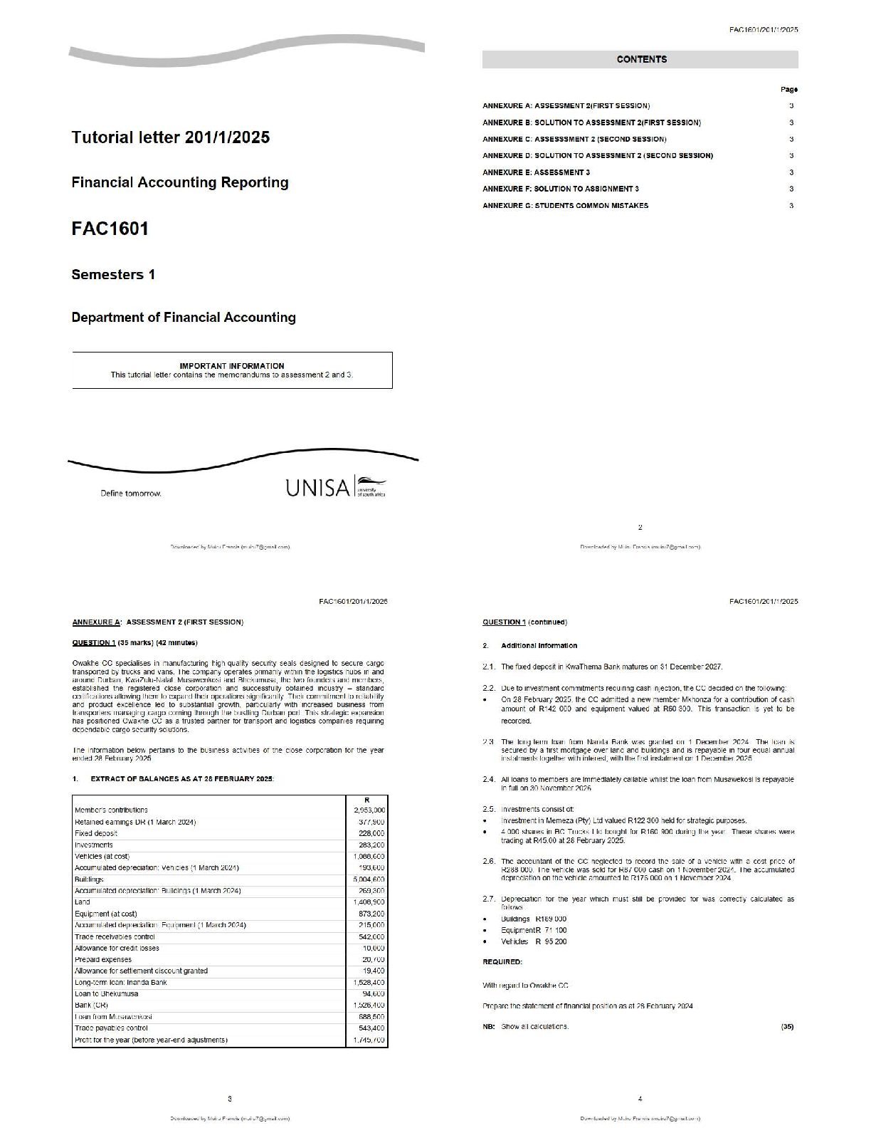Recommended document preview for FAC1601 2025 Financial Accounting Reporting Assignment Memo / Solutions / Study Guide  