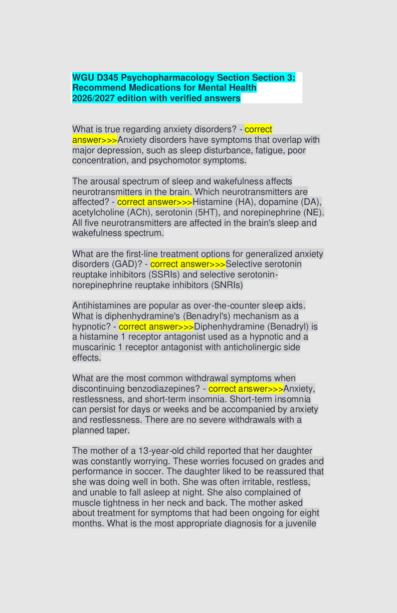 Preview of WGU D345 Psychopharmacology Section Section 3: Recommend Medications for Mental Health 2026/2027 edition with verified answers