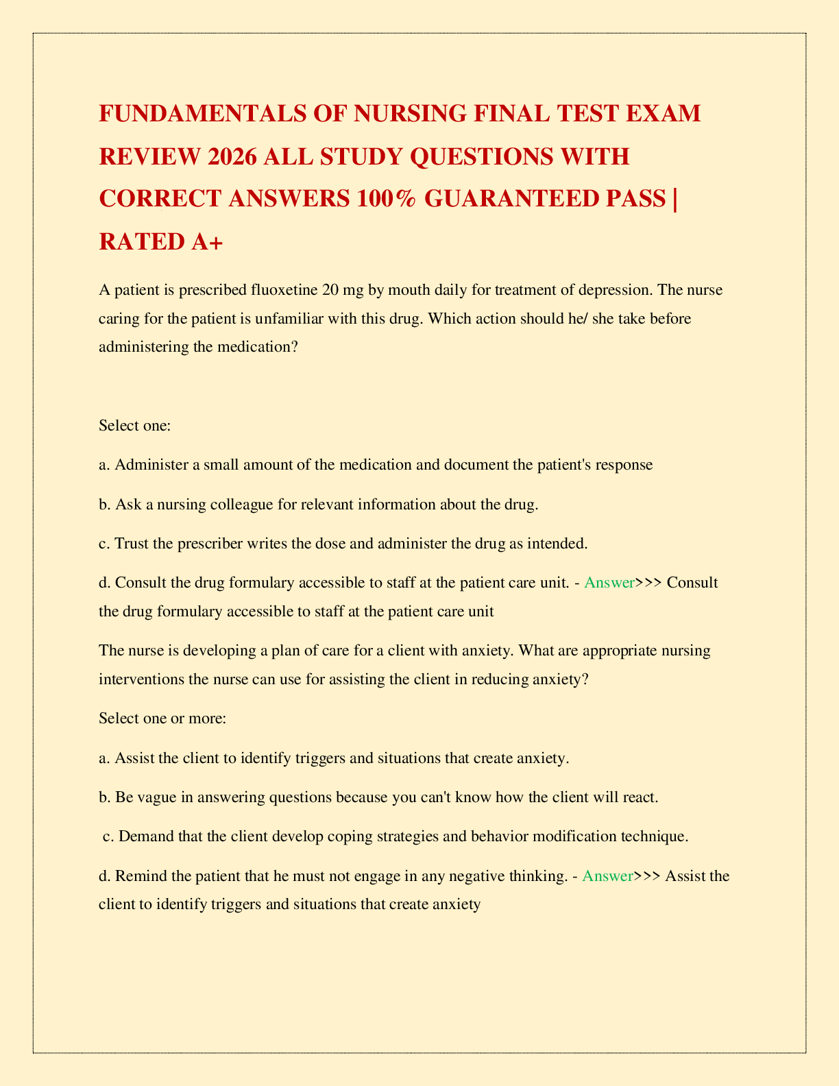 Recommended document preview for FUNDAMENTALS OF NURSING FINAL TEST EXAM REVIEW 2026 ALL STUDY QUESTIONS WITH CORRECT ANSWERS 100% GUARANTEED PASS | RATED A+