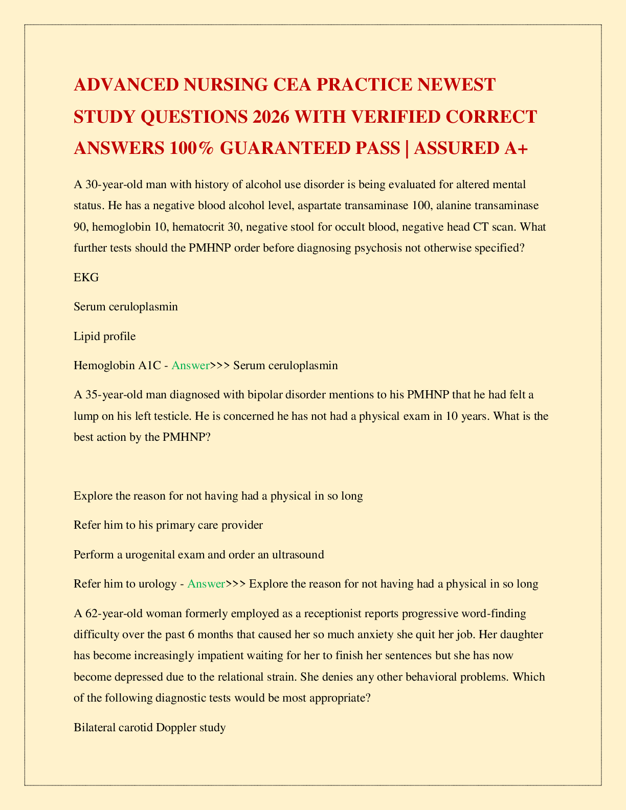 Recommended document preview for ADVANCED NURSING CEA PRACTICE NEWEST STUDY QUESTIONS 2026 WITH VERIFIED CORRECT ANSWERS 100% GUARANTEED PASS | ASSURED A+