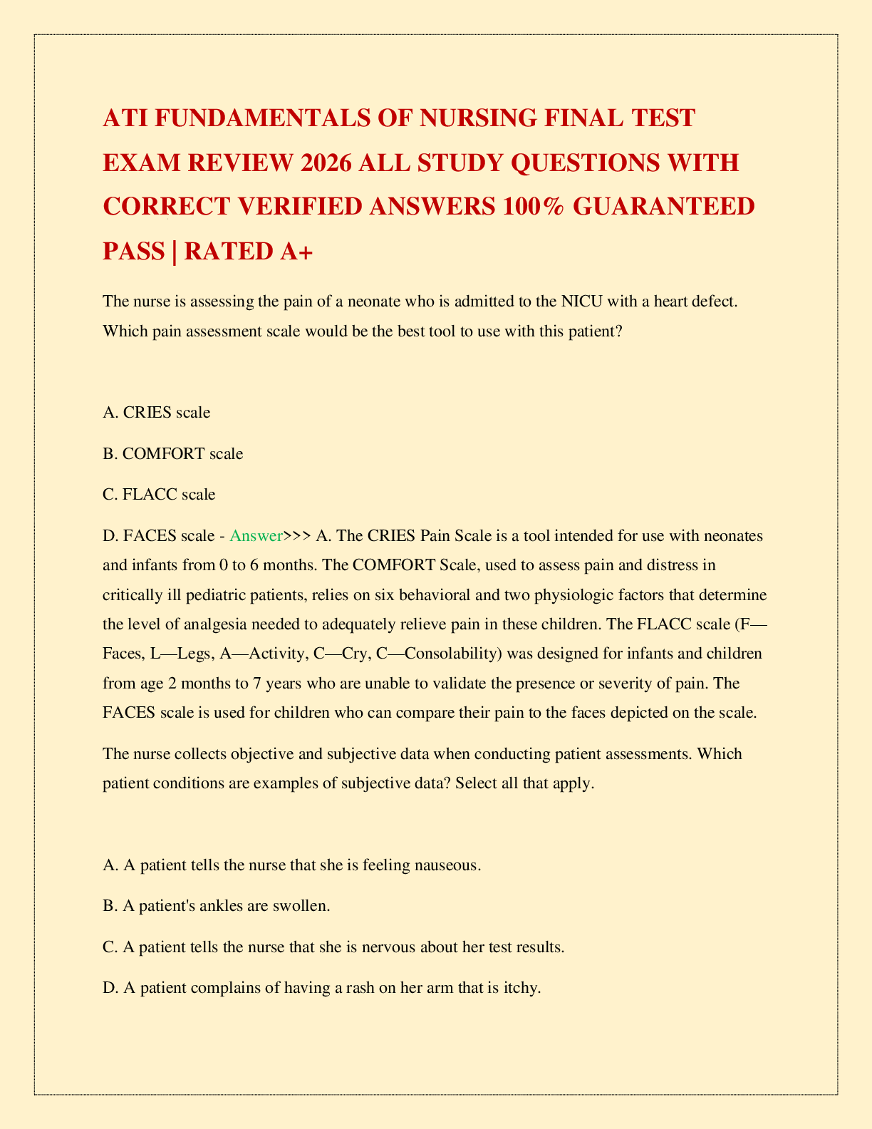 Recommended document preview for ATI FUNDAMENTALS OF NURSING FINAL TEST EXAM REVIEW 2026 ALL STUDY QUESTIONS WITH CORRECT VERIFIED ANSWERS 100% GUARANTEED PASS | RATED A+