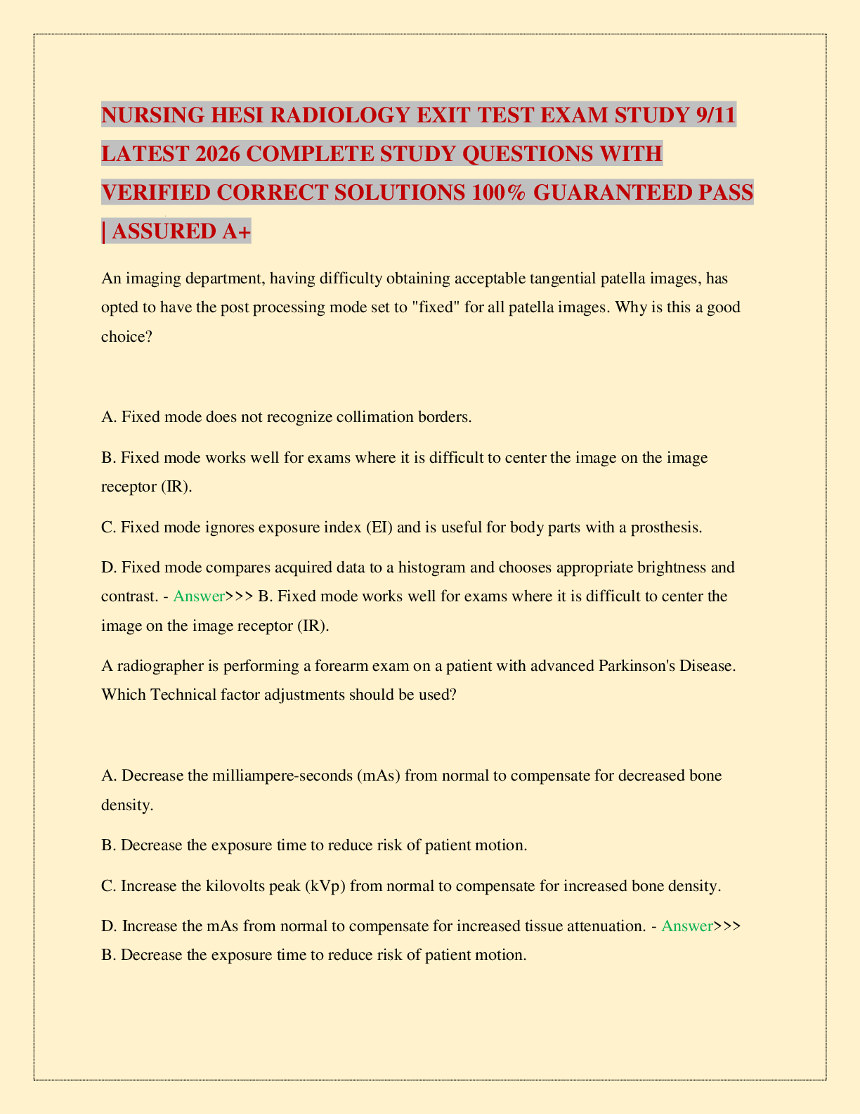 Recommended document preview for NURSING HESI RADIOLOGY EXIT TEST EXAM STUDY 9/11 LATEST 2026 COMPLETE STUDY QUESTIONS WITH VERIFIED CORRECT SOLUTIONS 100% GUARANTEED PASS | ASSURED A+