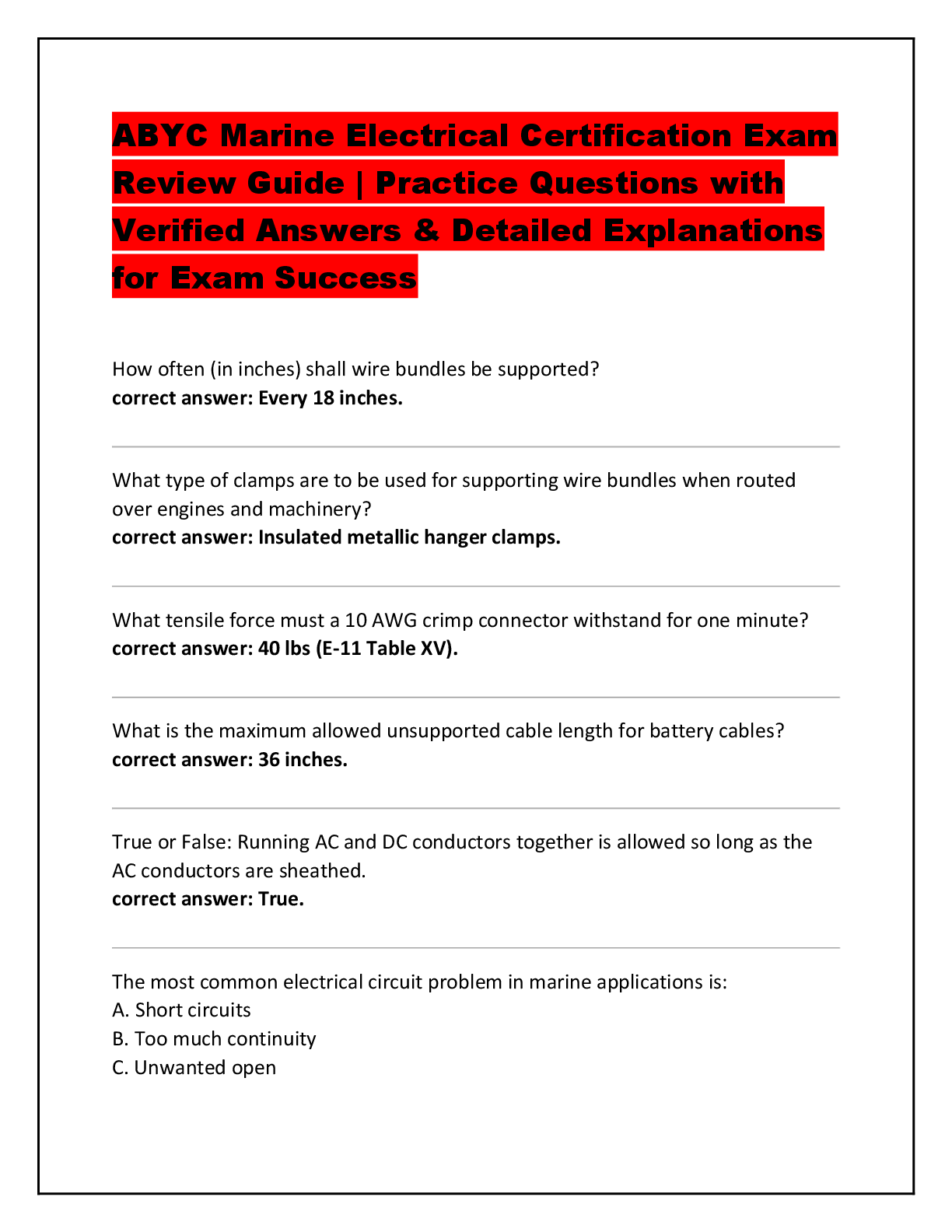 Recommended document preview for ABYC Marine Electrical Certification Exam  Review Guide | Practice Questions with  Verified Answers & Detailed Explanations  for Exam Success