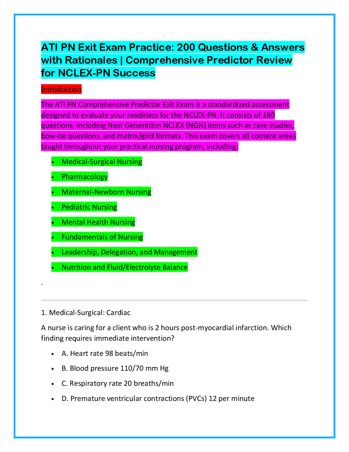 Preview of ATI PN Exit Exam Practice: 200 Questions & Answers  with Rationales | Comprehensive Predictor Review  for NCLEX-PN Success