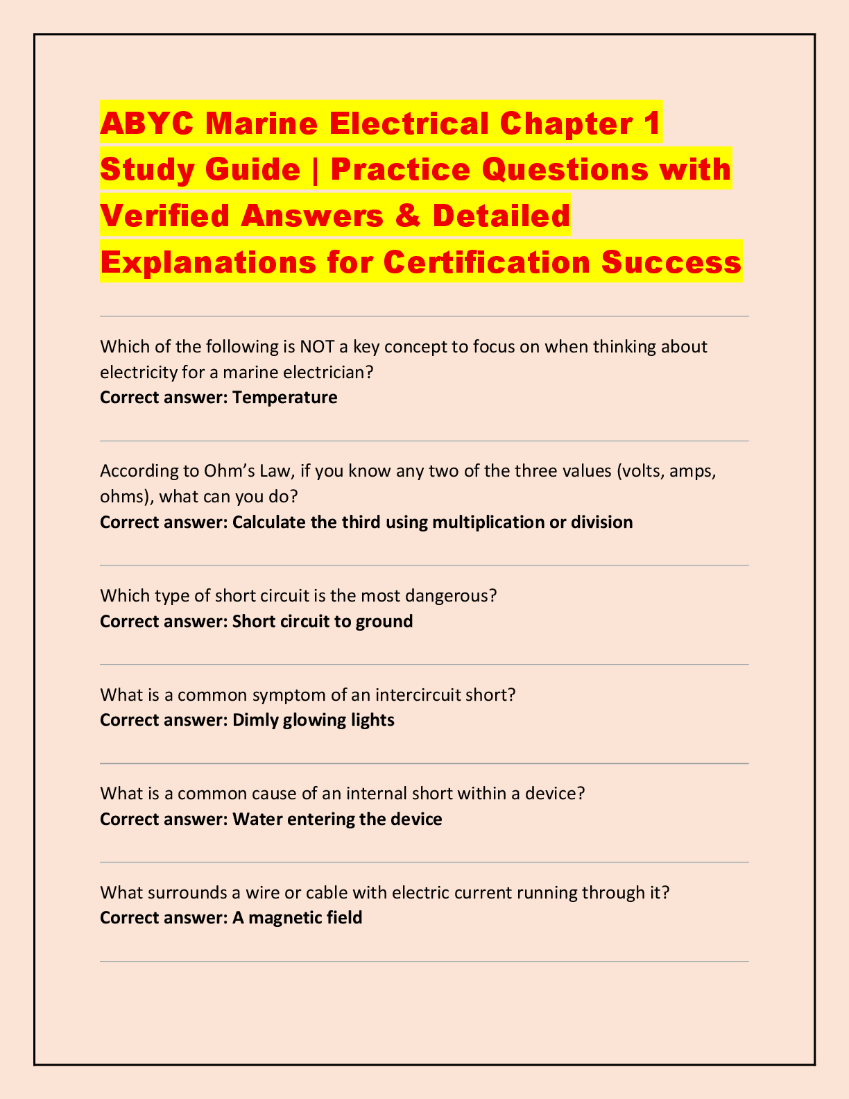 Recommended document preview for ABYC Marine Electrical Chapter 1  Study Guide | Practice Questions with  Verified Answers & Detailed  Explanations for Certification Success