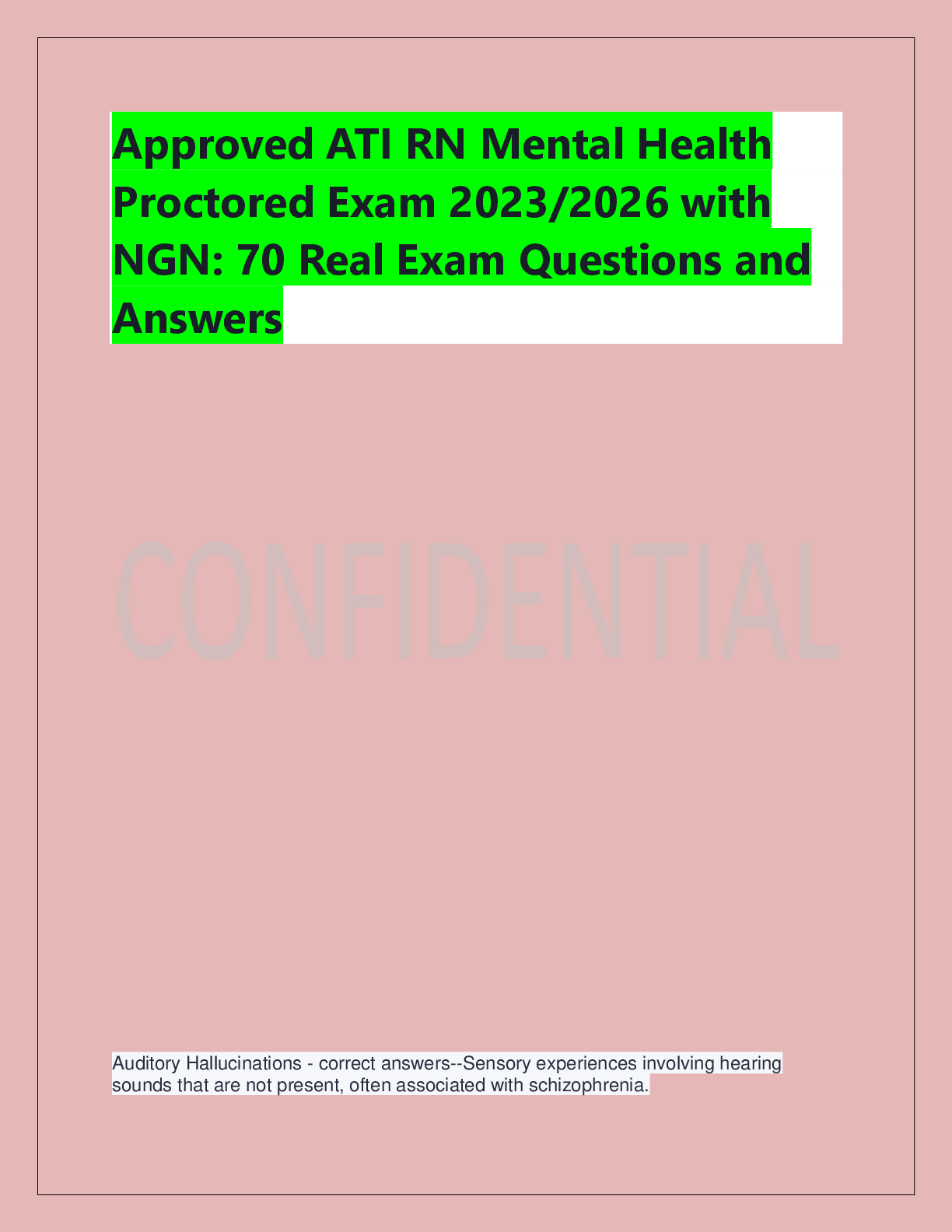 Preview of Approved ATI RN Mental Health  Proctored Exam 2023/2026 with  NGN: 70 Real Exam Questions