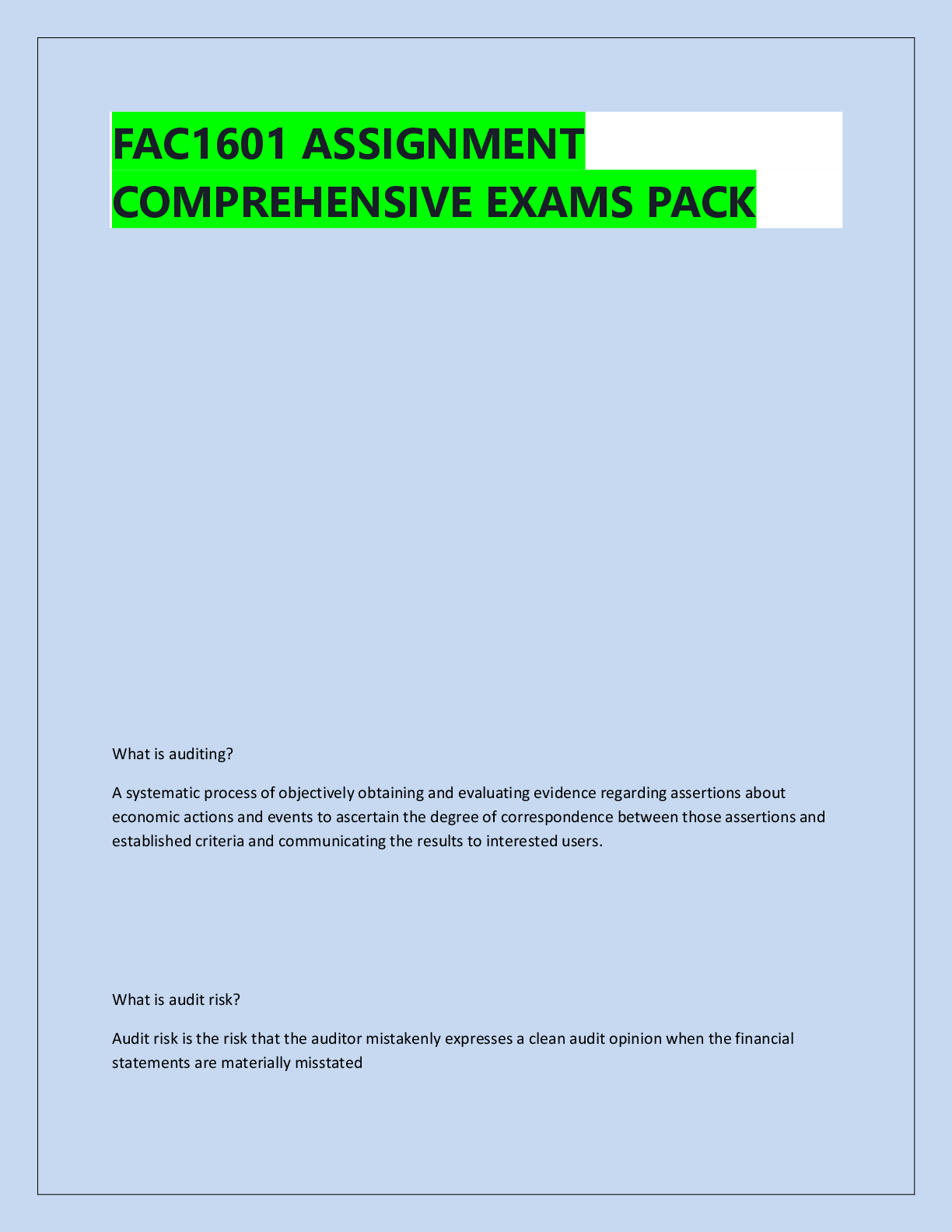 Recommended document preview for FAC1601 ASSIGNMENT  COMPREHENSIVE EXAMS PACK