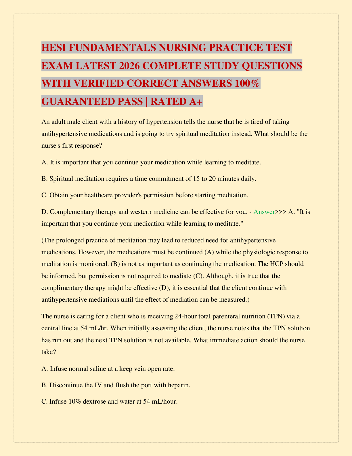 Recommended document preview for HESI FUNDAMENTALS NURSING PRACTICE TEST EXAM LATEST 2026 COMPLETE STUDY QUESTIONS WITH VERIFIED CORRECT ANSWERS 100% GUARANTEED PASS | RATED A+