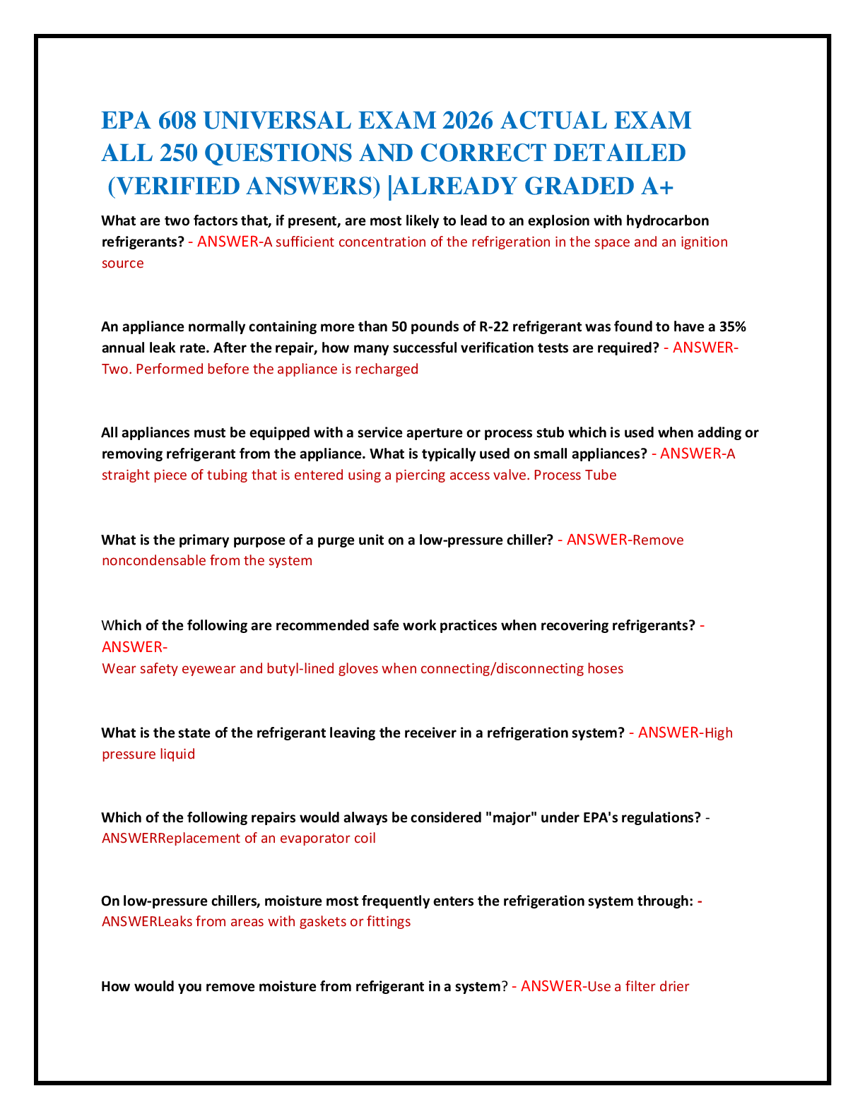 Preview of EPA 608 UNIVERSAL EXAM 2026 ACTUAL EXAM   ALL 250 QUESTIONS AND CORRECT DETAILED   (VERIFI