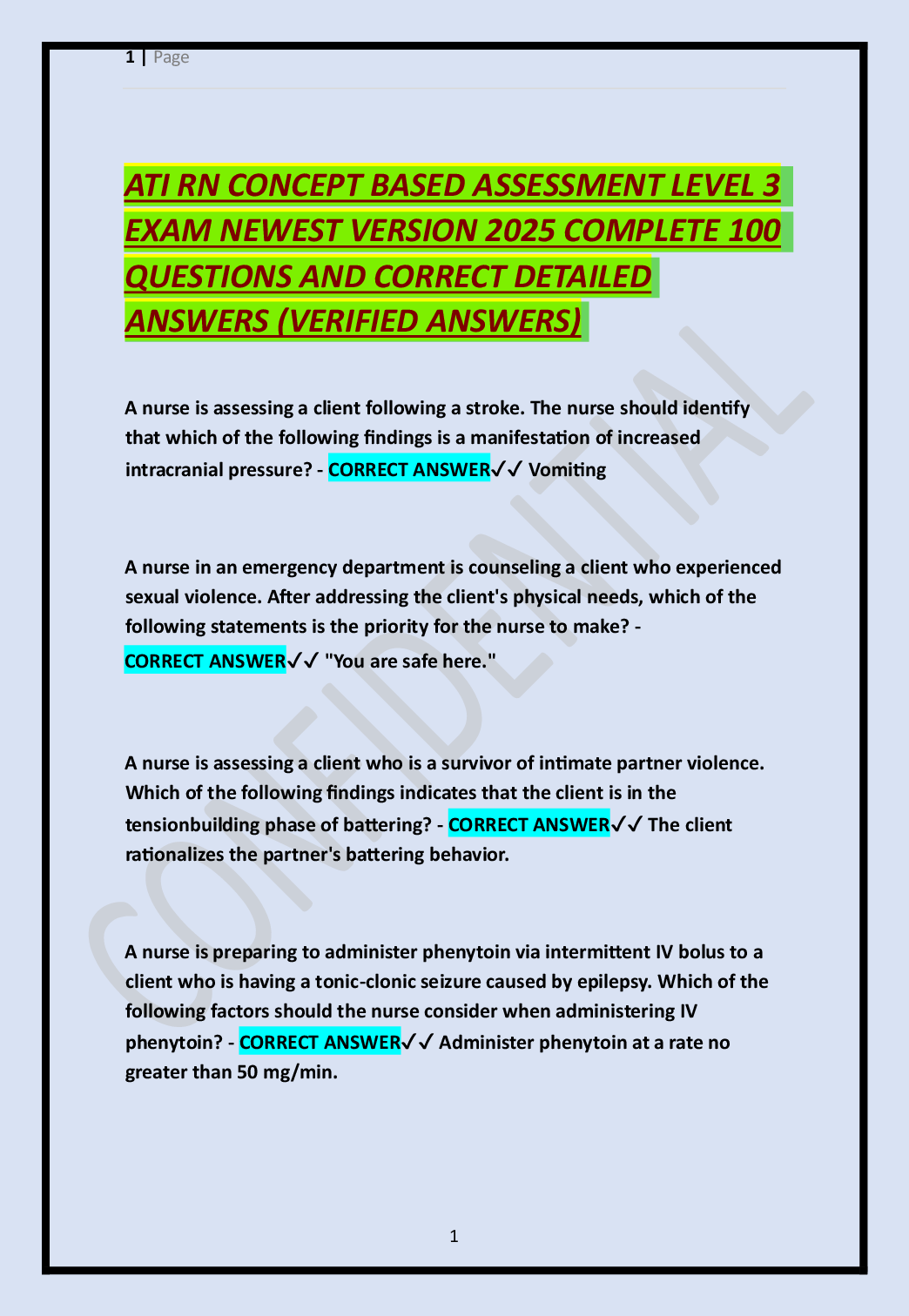 Recommended document preview for ATI RN CONCEPT BASED ASSESSMENT LEVEL 3   EXAM NEWEST VERSION 2025 COMPLETE 100   QUESTIONS AND CORRECT DETAILED  ANSWERS (VERIFIED ANSWERS)