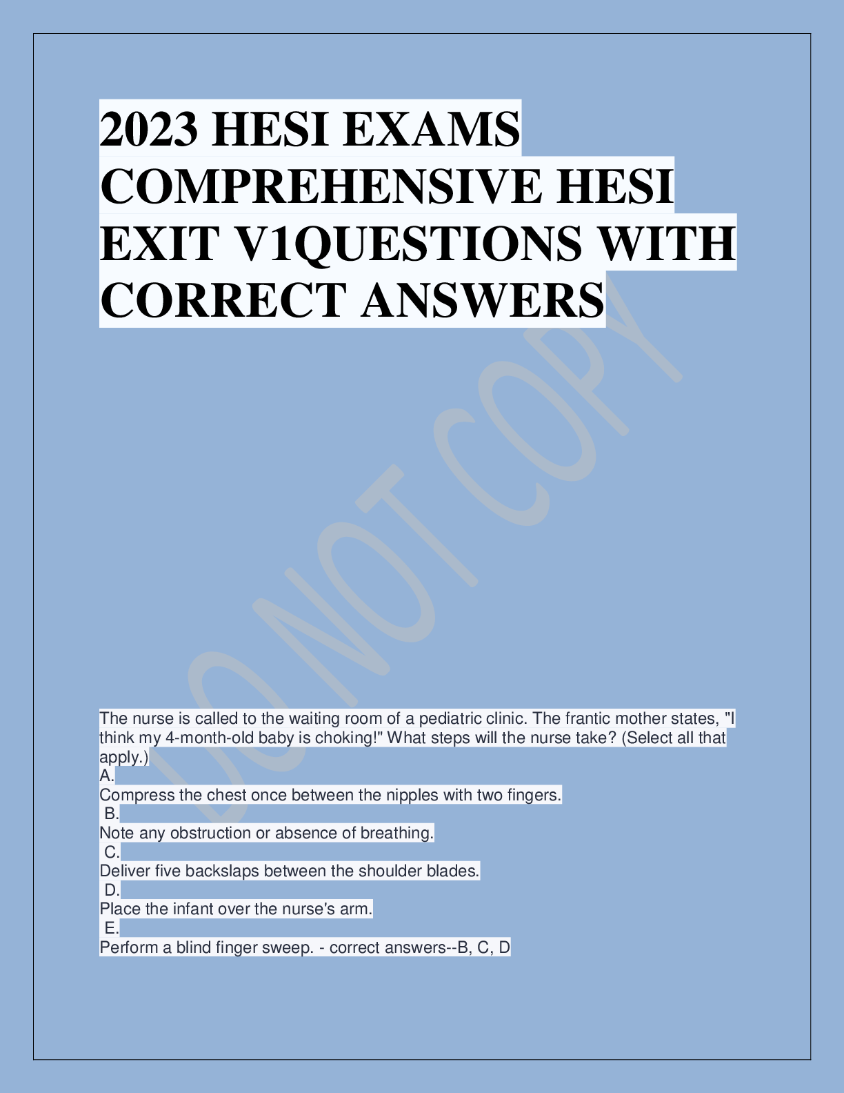 Preview image for 2023 HESI EXAMS  COMPREHENSIVE HESI  EXIT V1QUESTIONS WITH  CORRECT ANSWERS
