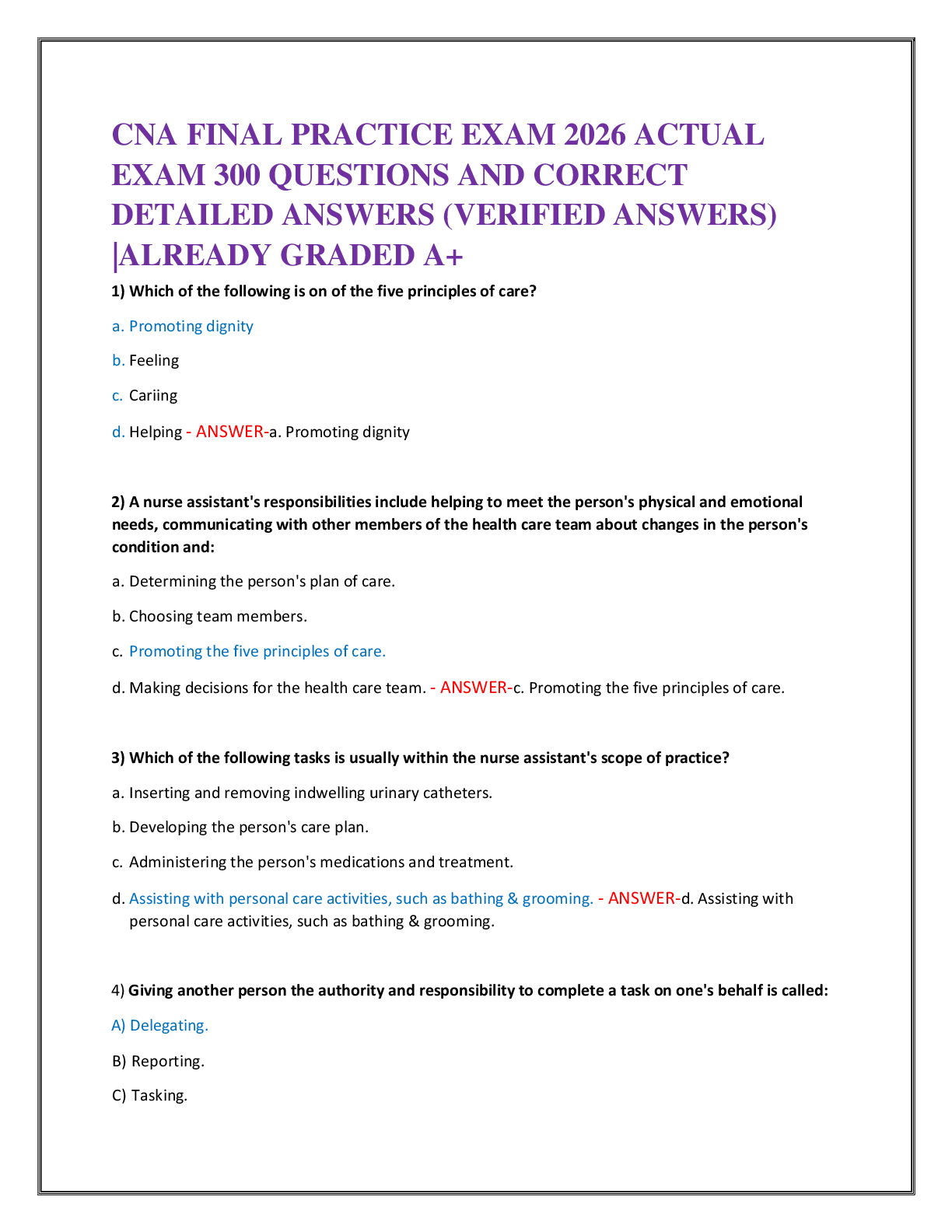 CNA FINAL PRACTICE EXAM 2026 ACTUAL   EXAM 300 QUESTIONS AND CORRECT   DETAILED ANSWERS (VERIFIED ANSWERS)  |ALREADY GRADED A+