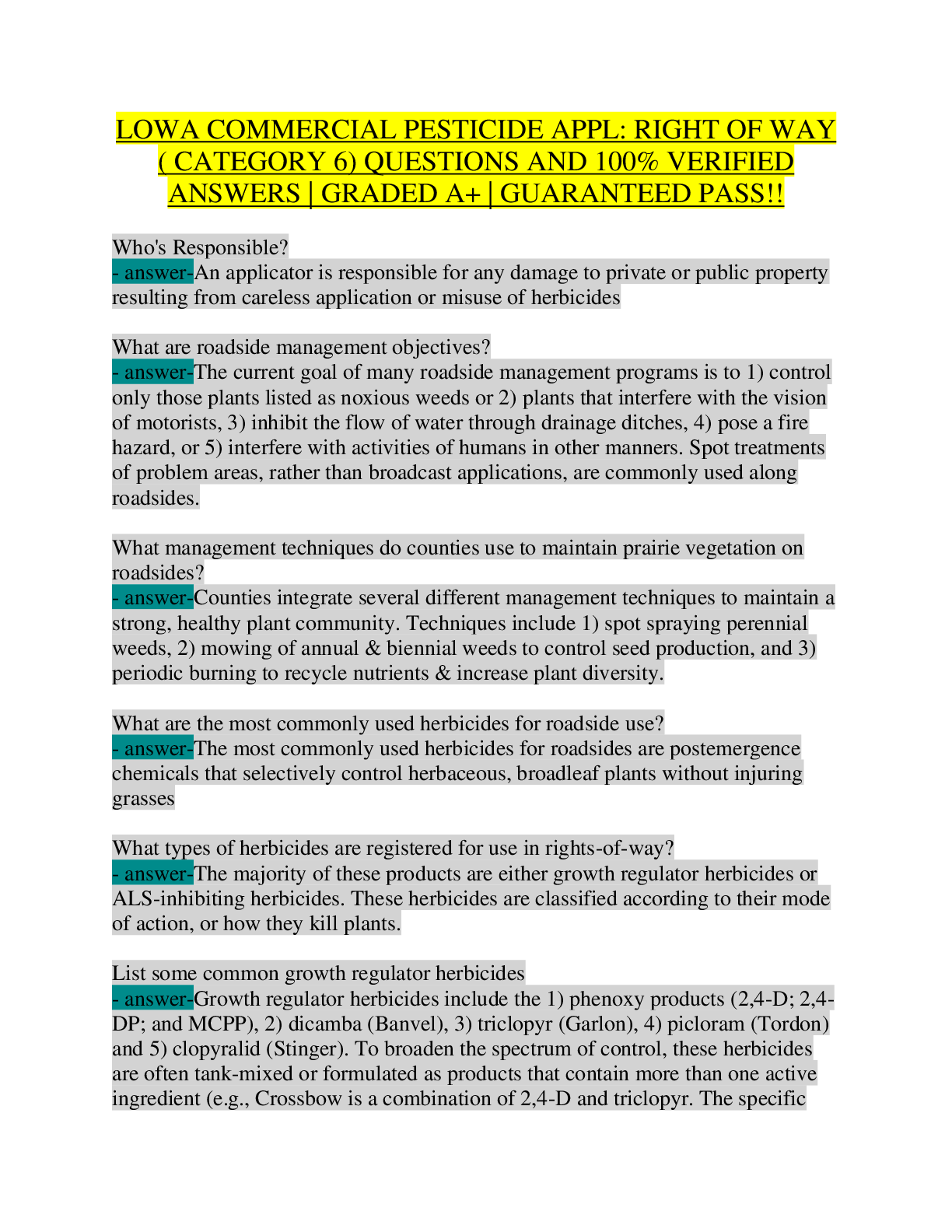 Recommended document preview for Iowa Commercial Pesticide Applicator Category 6 Exam | Right-of-Way (Roadside) Certification Test Bank | 100+ Questions with 100% Verified Answers | IDALS Category 6 Study Guide | Growth Regulators, ALS Inhibitors, Drift Control, IRVM, and Woody Plant Management