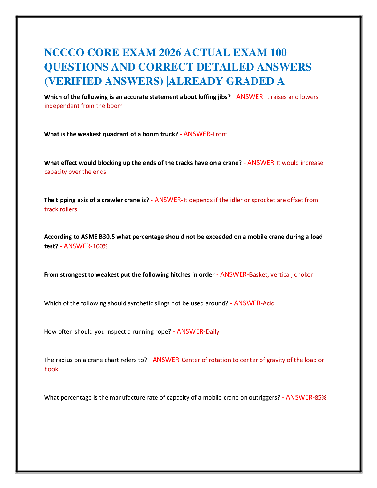 Recommended document preview for NCCCO CORE EXAM 2026 ACTUAL EXAM 100   QUESTIONS AND CORRECT DETAILED ANSWERS  (VERIFIED ANSWERS) |ALREADY GRADED A