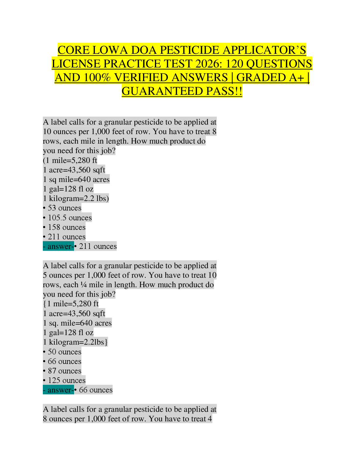 Recommended document preview for Iowa Commercial Pesticide Applicator CORE Certification Exam Prep | Complete Study Guide with Practice Questions & Answers | IDALS Approved | Pesticide Application Math, Label Interpretation, Safety Regulations, and Iowa-Specific Laws