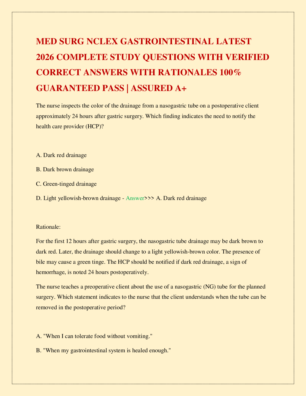 Recommended document preview for MED SURG NCLEX GASTROINTESTINAL LATEST 2026 COMPLETE STUDY QUESTIONS WITH VERIFIED CORRECT ANSWERS WITH RATIONALES 100% GUARANTEED PASS | ASSURED A+