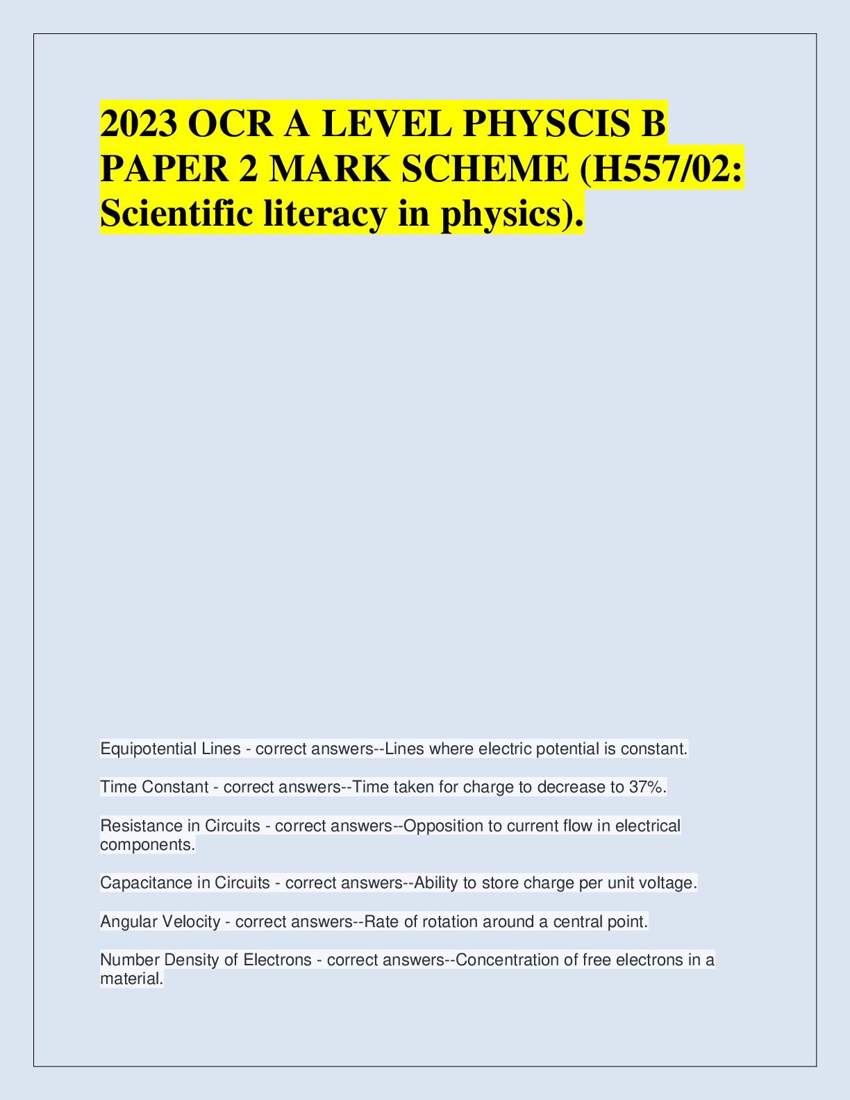 Preview of 2023 OCR A LEVEL PHYSCIS B  PAPER 2 MARK SCHEME (H557/02:  Scientific literacy in physics)
