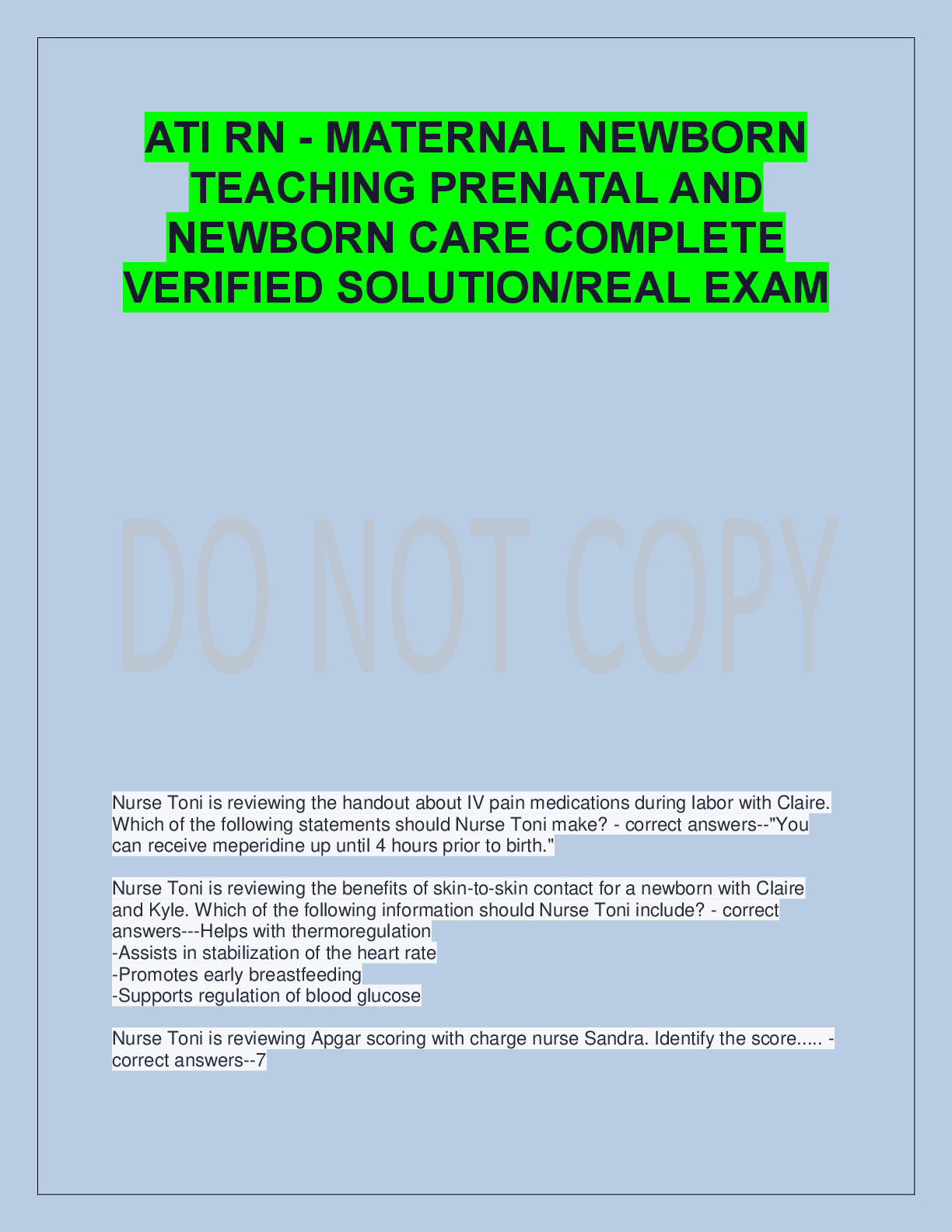 Preview image for ATI RN - MATERNAL NEWBORN  TEACHING PRENATAL AND  NEWBORN CARE COMPLETE  VERIFIED SOLUTION/REAL EXAM
