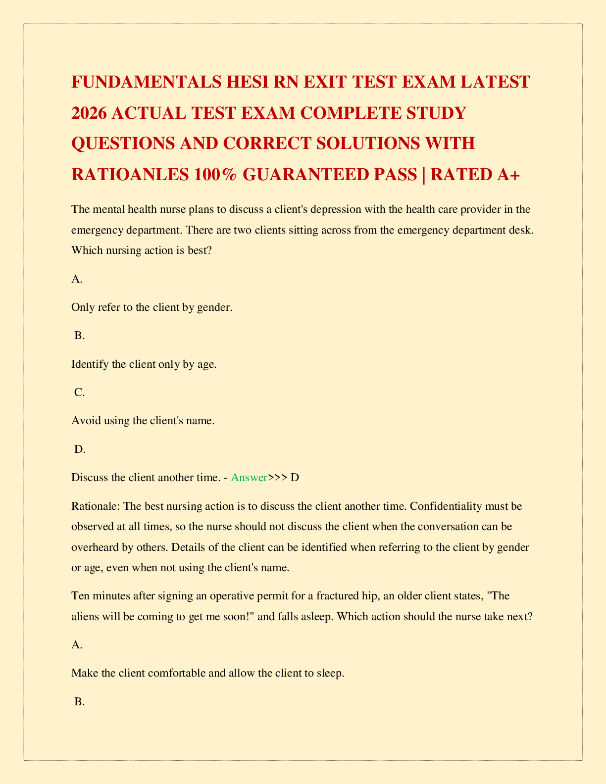 FUNDAMENTALS HESI RN EXIT TEST EXAM LATEST 2026 ACTUAL TEST EXAM COMPLETE STUDY QUESTIONS AND CORRECT SOLUTIONS WITH RATIOANLES 100% GUARANTEED PASS | RATED A+