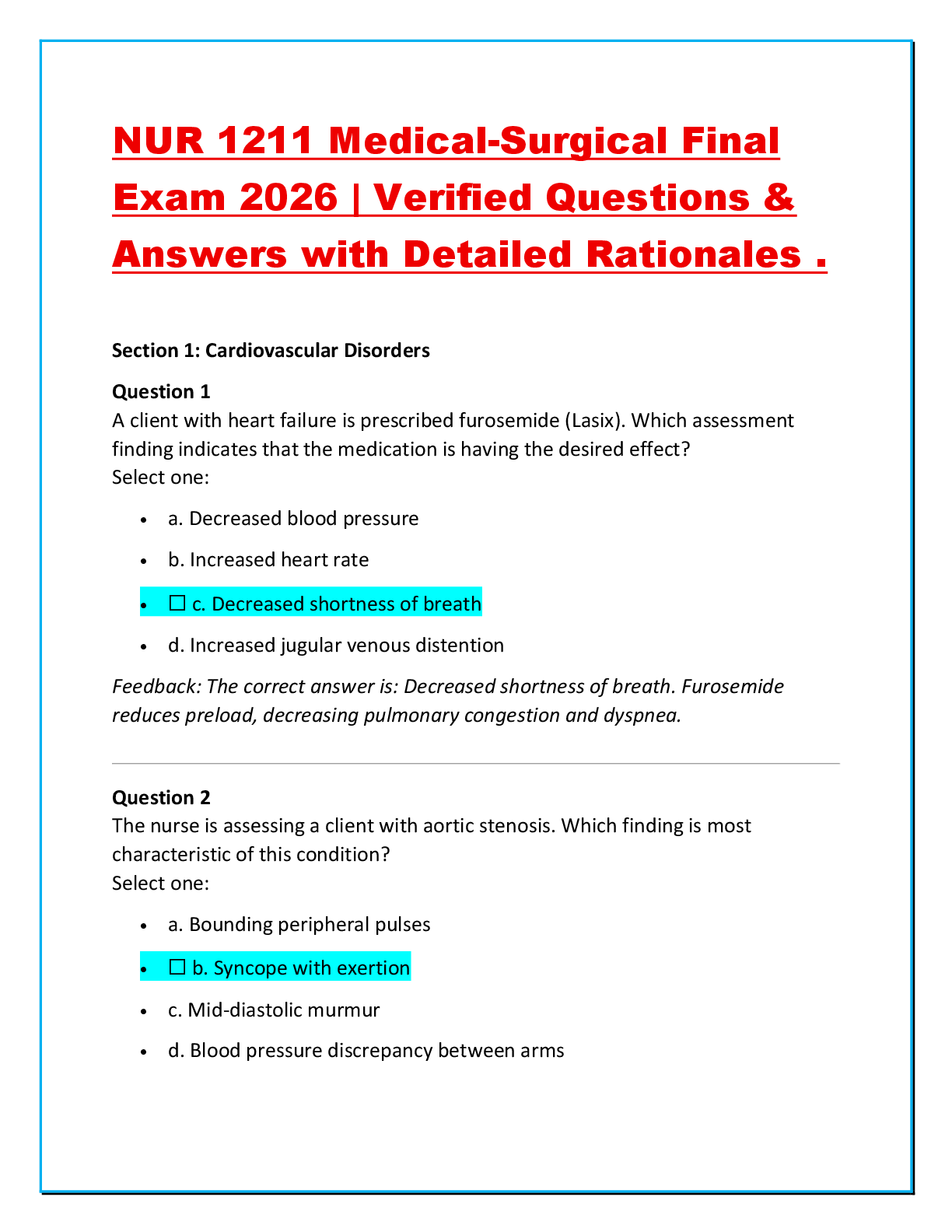 Preview of NUR 1211 Medical-Surgical Final Exam 2026 | Verified Questions & Answers with Detailed Rat