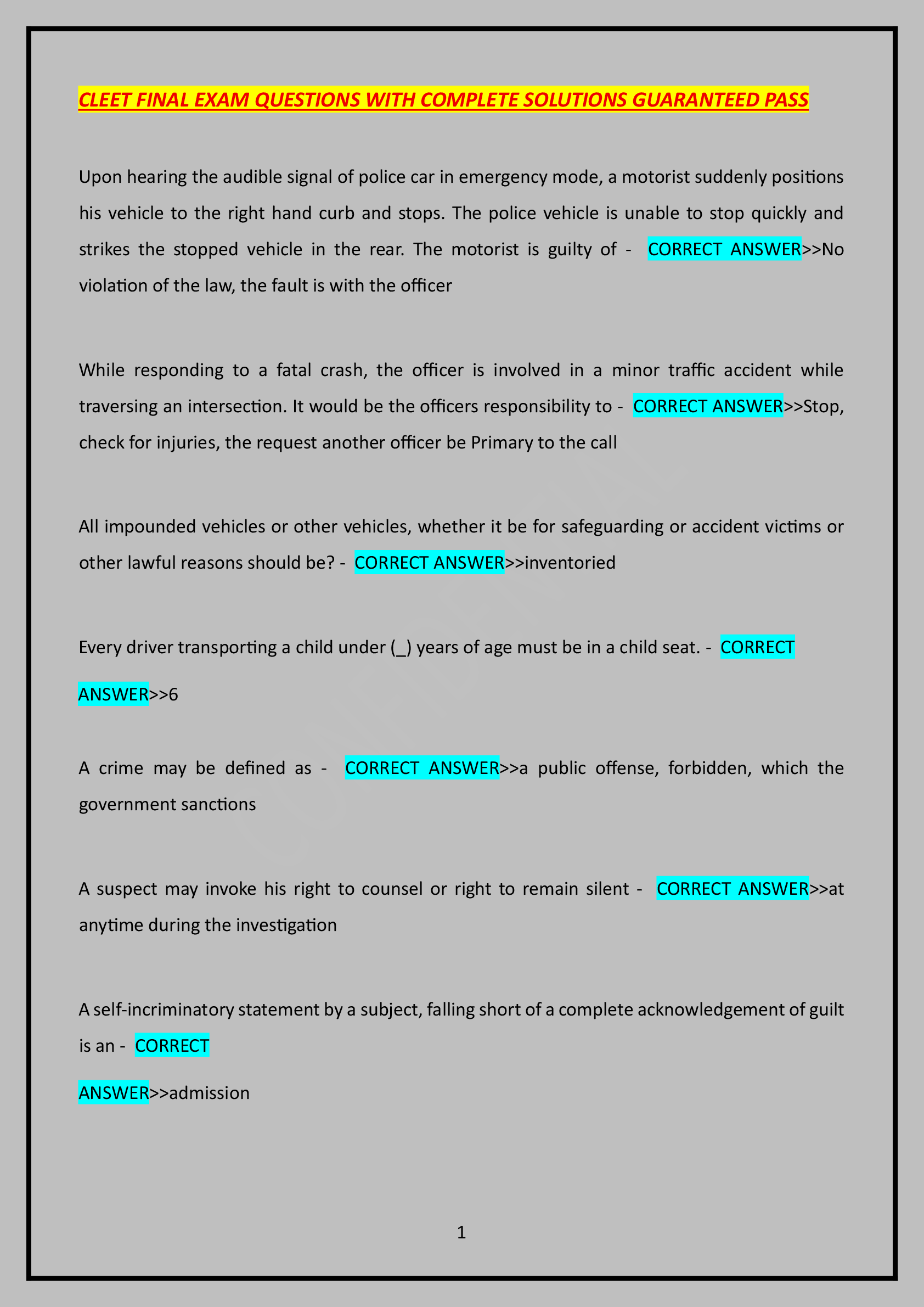 CLEET FINAL EXAM QUESTIONS WITH COMPLETE SOLUTIONS GUARANTEED PASS