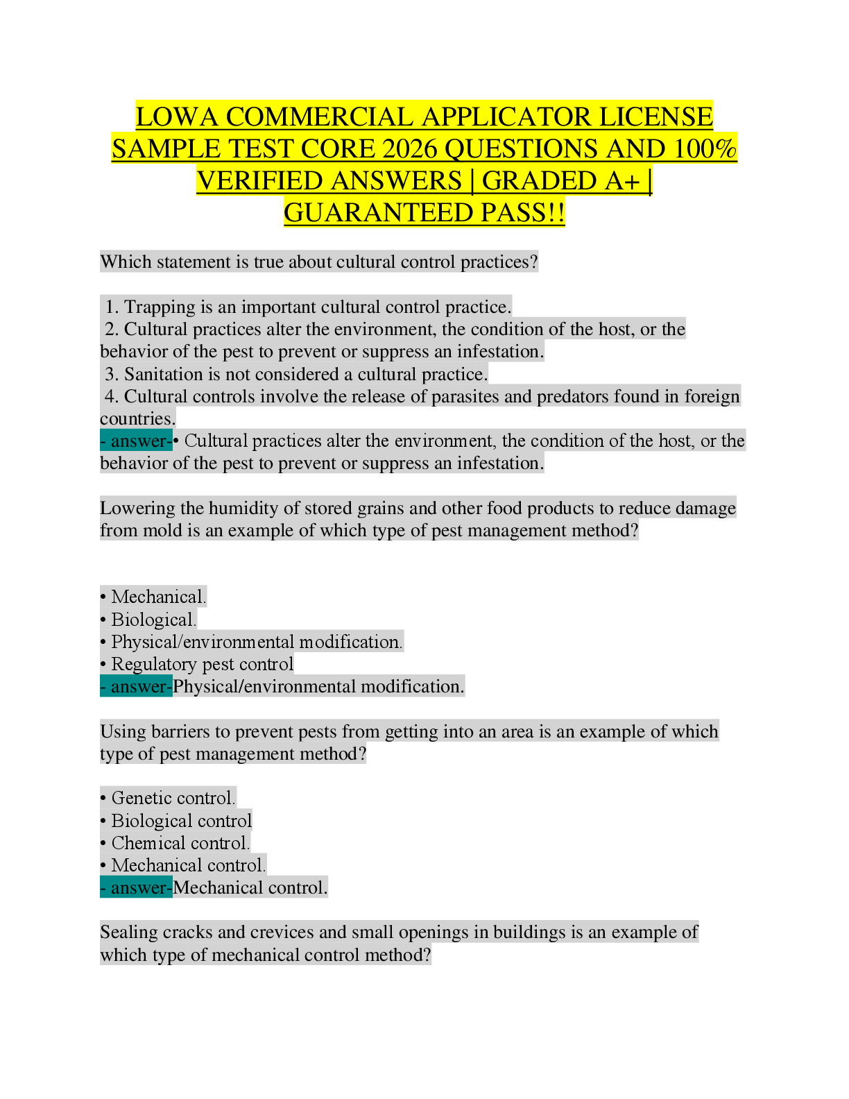 Recommended document preview for Iowa Commercial Applicator License CORE Exam 2026 | Complete Practice Test with 150+ Questions and 100% Verified Answers | IDALS Certification Prep | FIFRA, FQPA, PPE, Pest Management, and Application Math