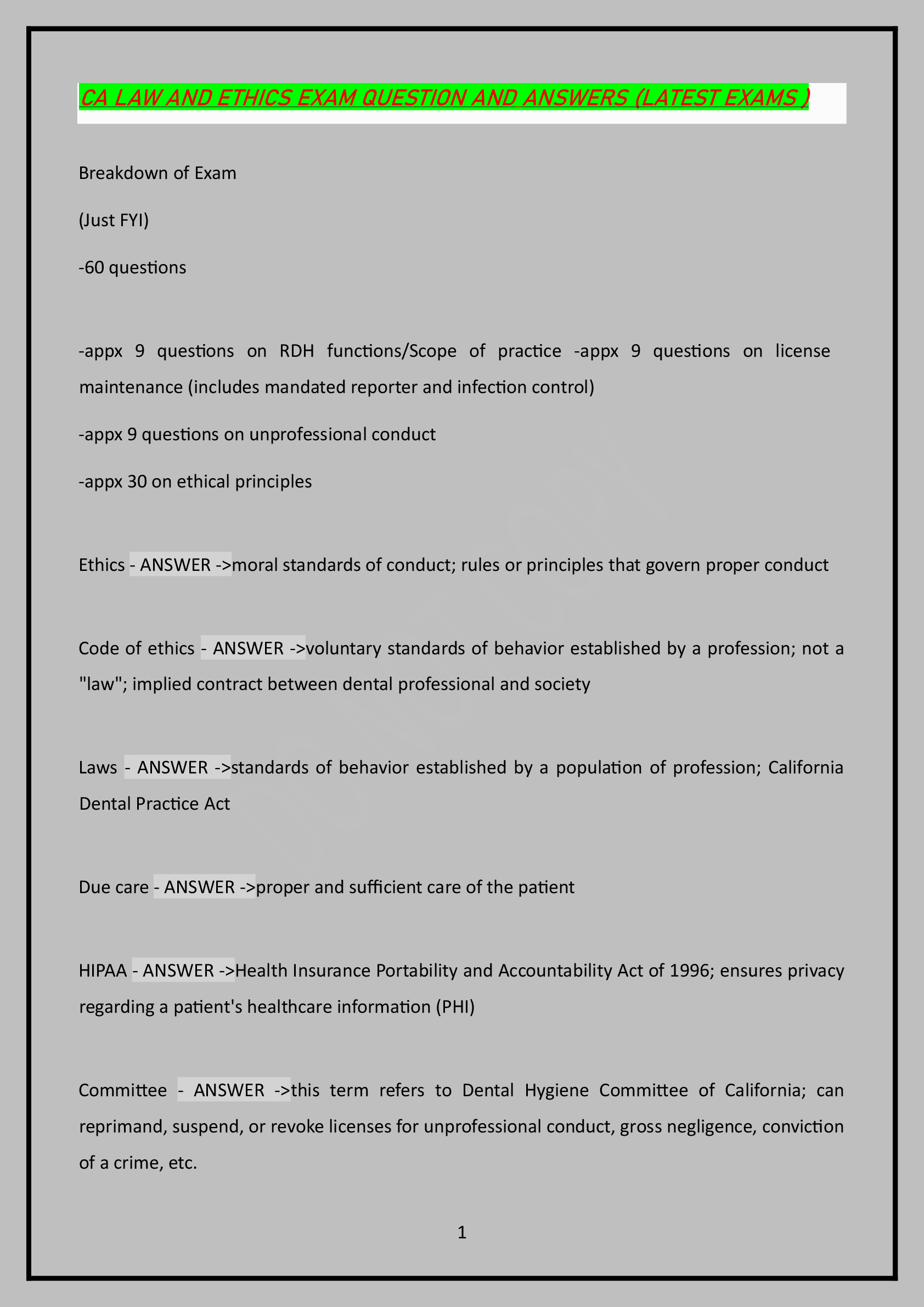 Recommended document preview for CA LAW AND ETHICS EXAM QUESTION AND ANSWERS (LATEST EXAMS