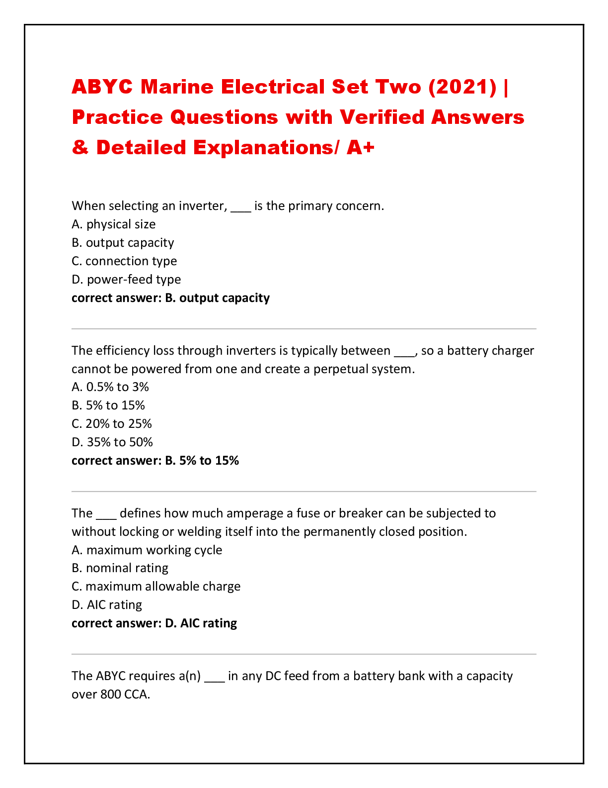 Preview of ABYC Marine Electrical Set Two (2021) |  Practice Questions with Verified Answers  & Detai