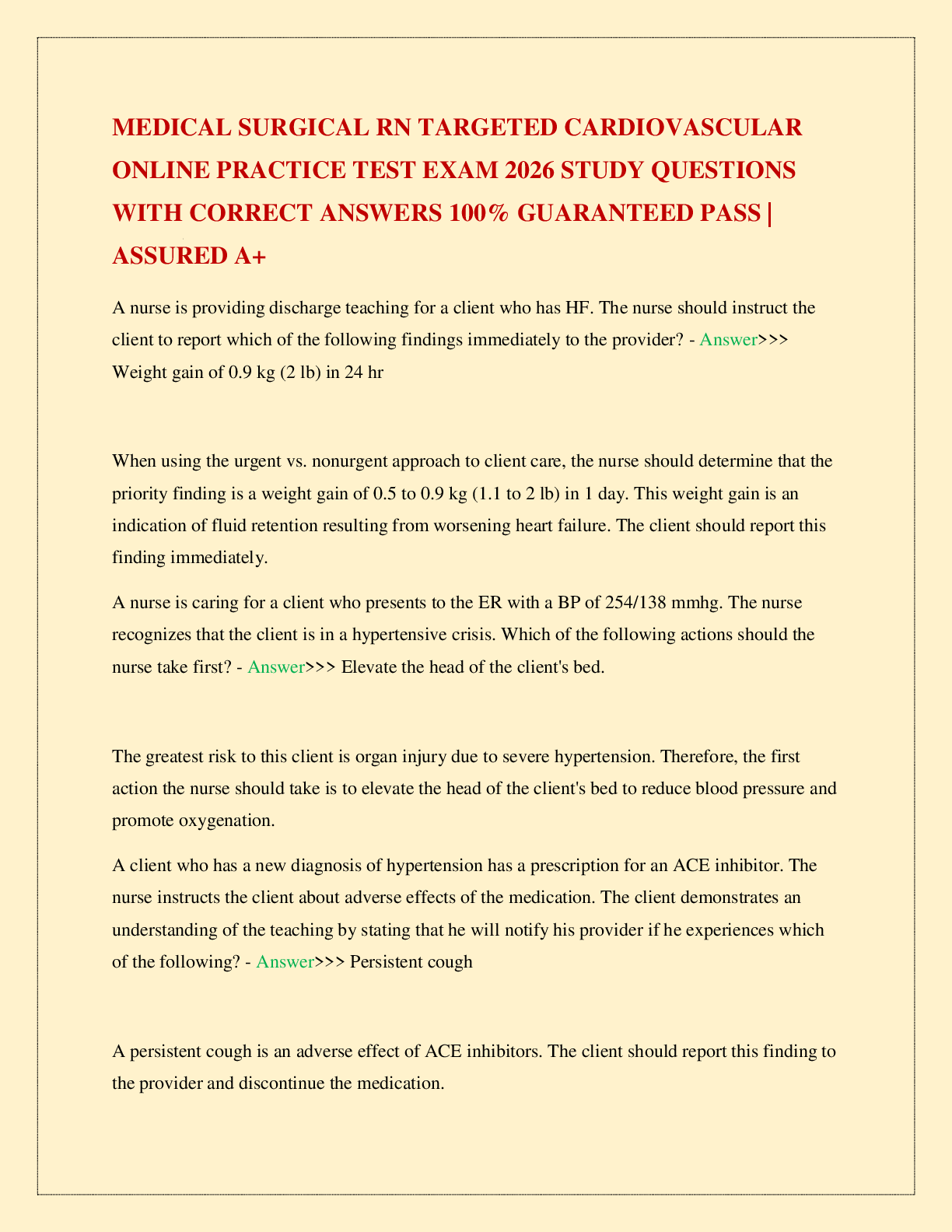 Recommended document preview for MEDICAL SURGICAL RN TARGETED CARDIOVASCULAR ONLINE PRACTICE TEST EXAM 2026 STUDY QUESTIONS WITH CORRECT ANSWERS 100% GUARANTEED PASS | ASSURED A+