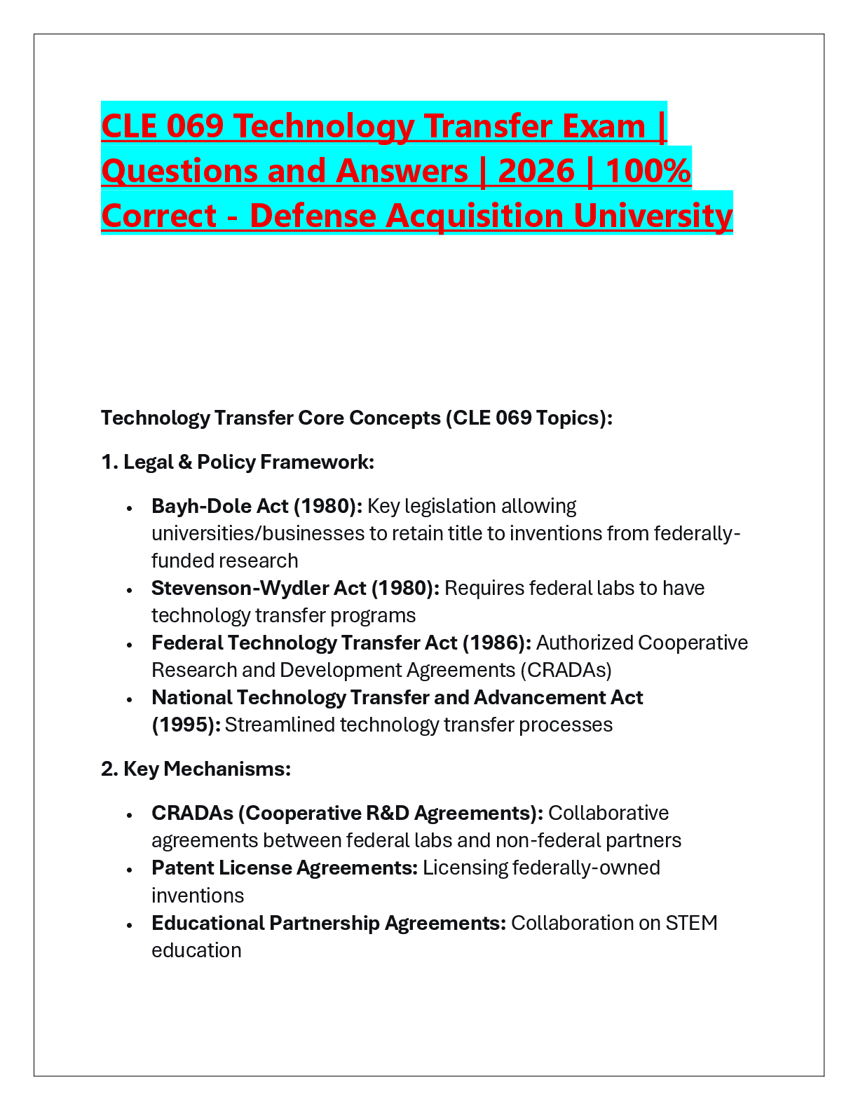 Recommended document preview for CLE 069 Technology Transfer Exam | Questions and Answers | 2026 | 100% Correct - Defense Acquisition University