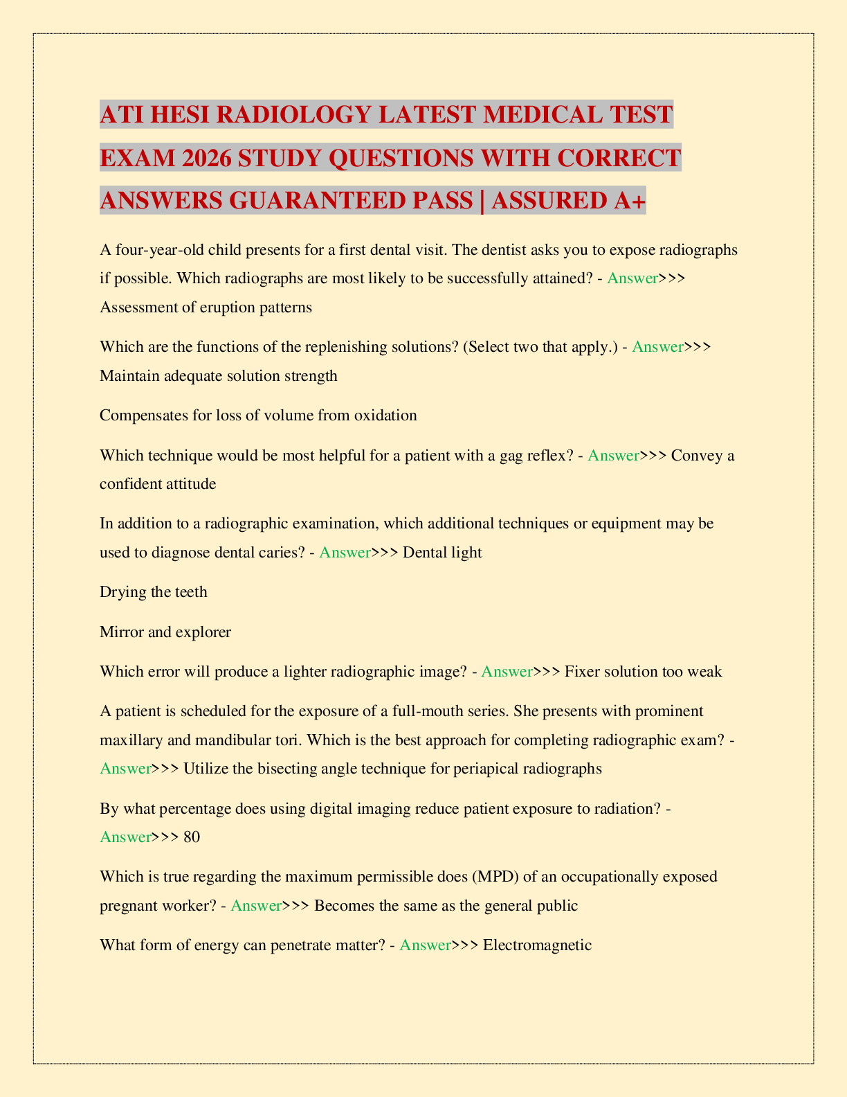 Recommended document preview for ATI HESI RADIOLOGY LATEST MEDICAL TEST EXAM 2026 STUDY QUESTIONS WITH CORRECT ANSWERS GUARANTEED PASS | ASSURED A+