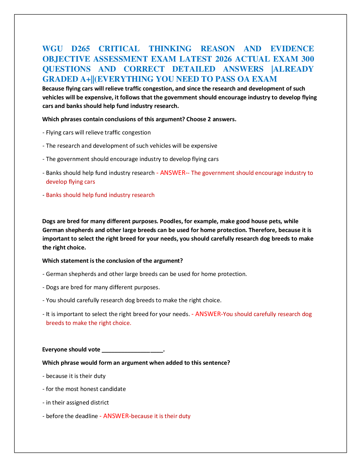 Preview of WGU D265 CRITICAL THINKING REASON AND EVIDENCE  OBJECTIVE ASSESSMENT EXAM LATEST 2026 ACTU