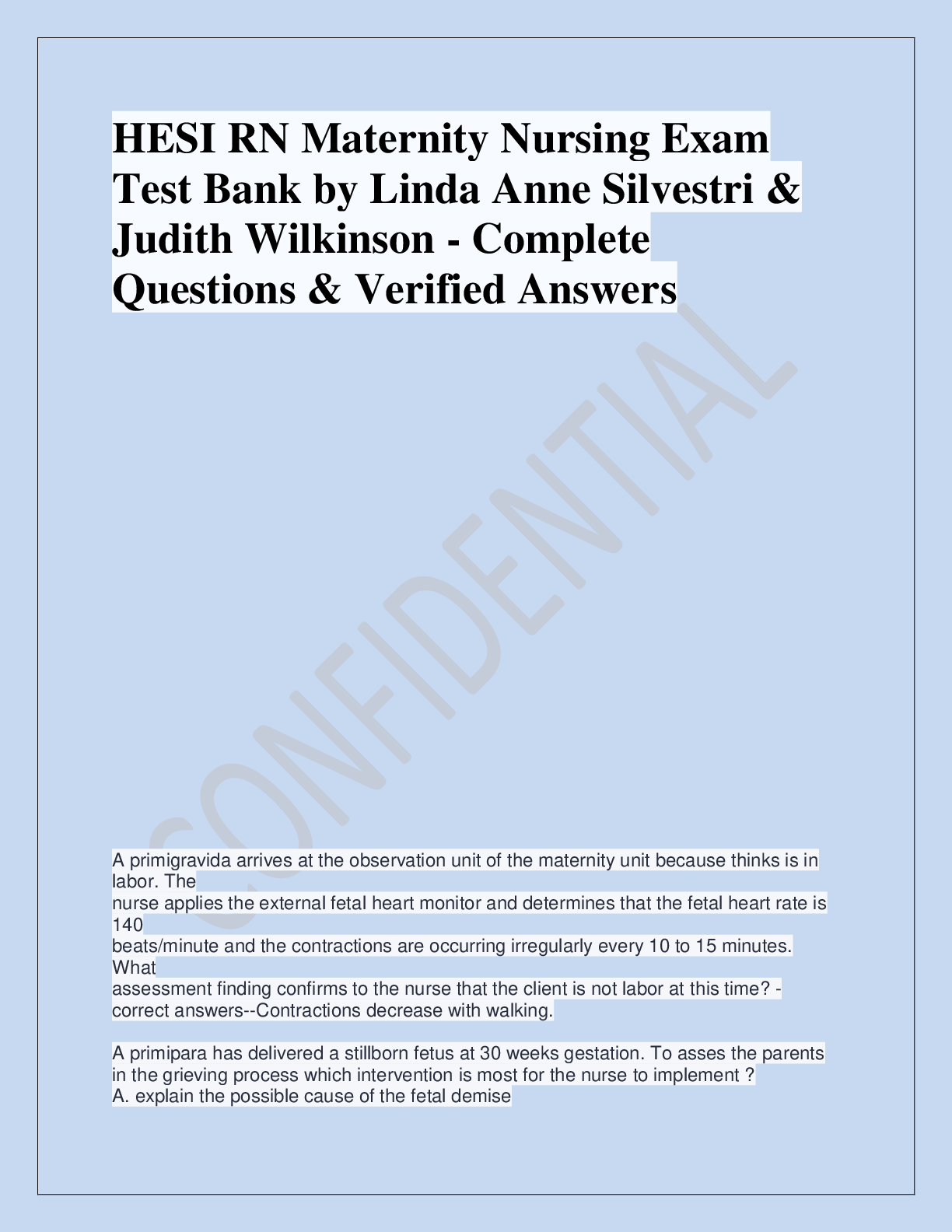 Preview image for HESI RN Maternity Nursing Exam  Test Bank by Linda Anne Silvestri &  Judith Wilkinson - Complete  Questions & Verified Answers