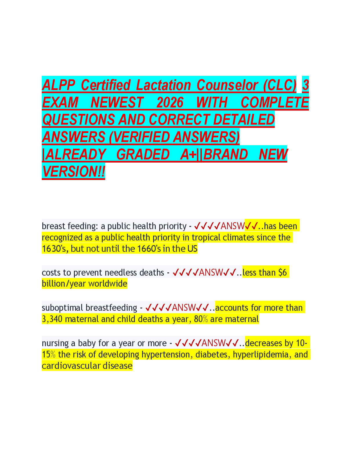 Preview of ALPP Certified Lactation Counselor (CLC) 3  EXAM NEWEST 2026 WITH COMPLETE  QUESTIONS AND