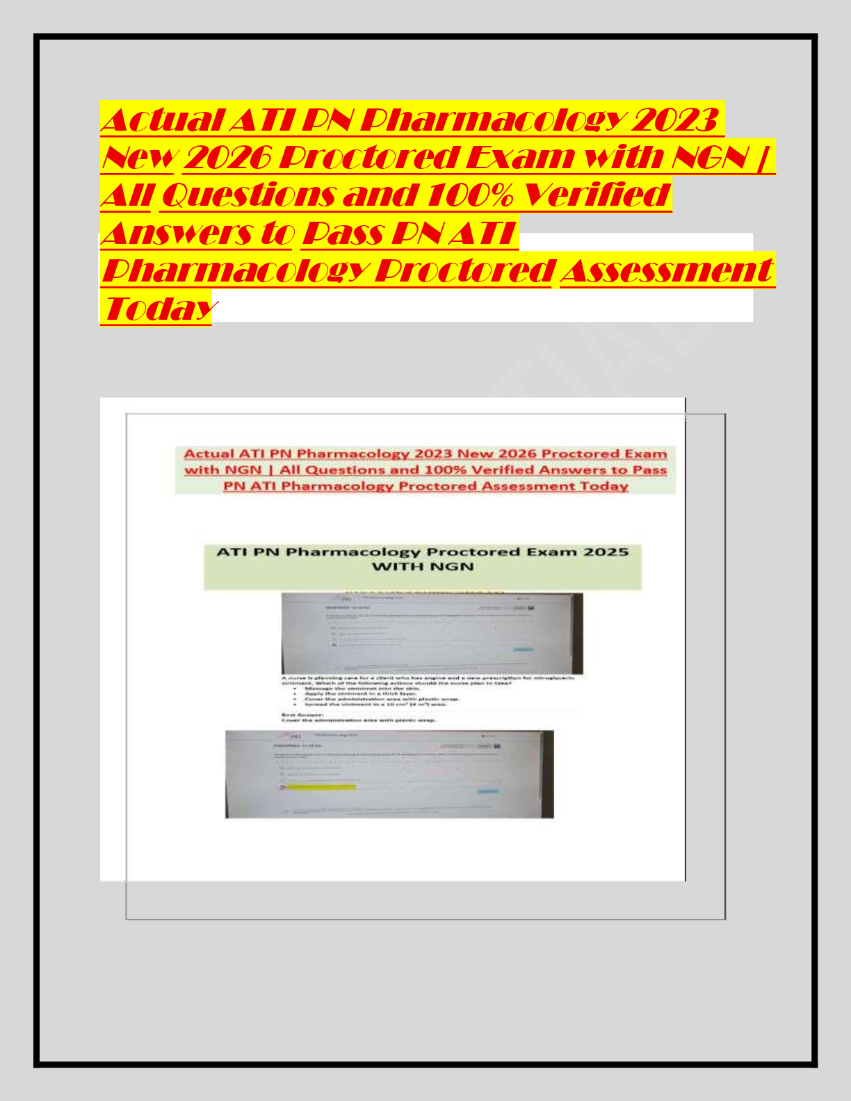 Recommended document preview for Actual ATI PN Pharmacology 2023  New 2026 Proctored Exam with NGN |  All Questions and 100% Verified  Answers to Pass PN ATI  Pharmacology Proctored Assessment  Today