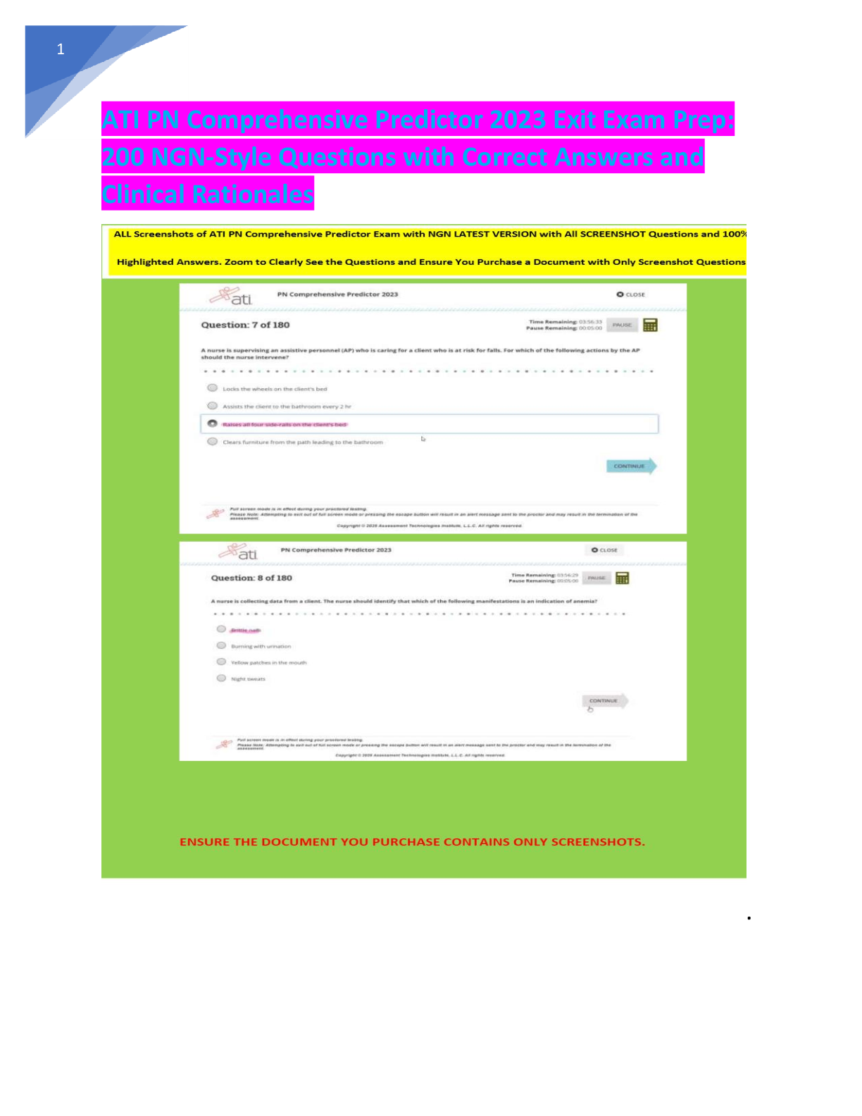 Aproved ATI PN Comprehensive Predictor 2023 Exit  Exam with NGN: 180 Questions & 100% Correct  Answers | ATI PN Comprehensive Predictor Exit  Exam with NGN 180 Q & A: Latest Actual Exam  Version