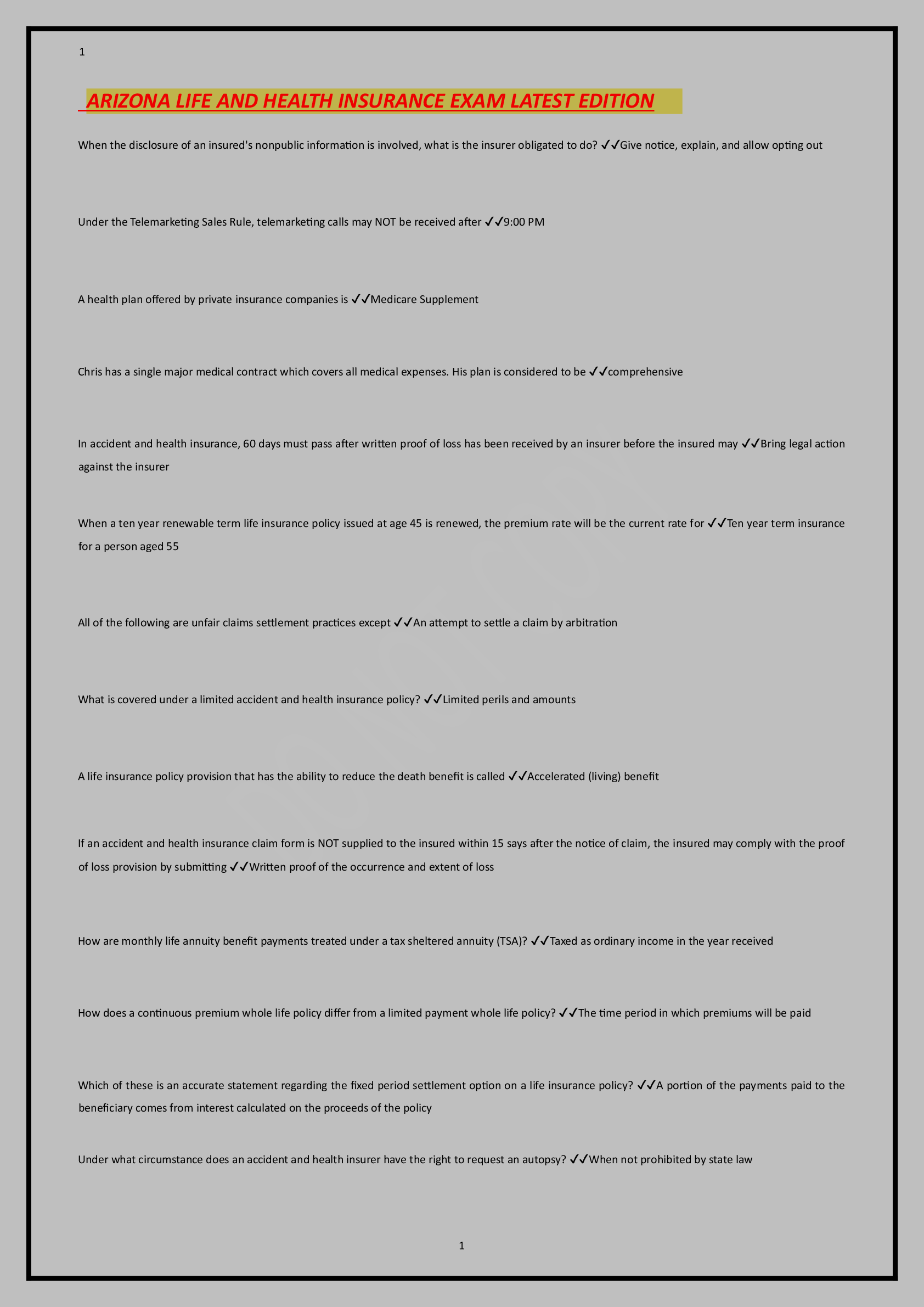 Preview image for ARIZONA LIFE AND HEALTH INSURANCE EXAM LATEST EDITION