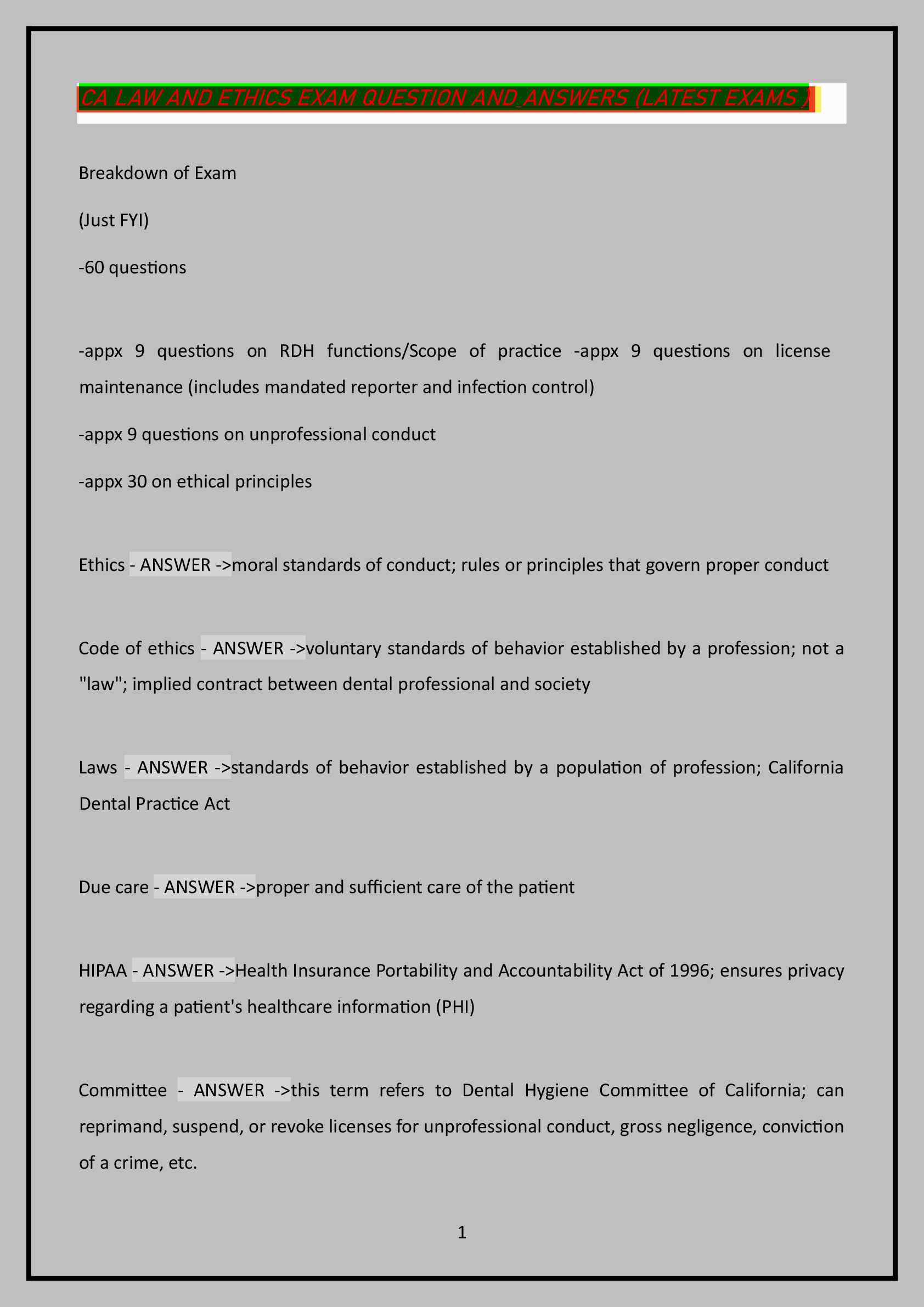 CA LAW AND ETHICS EXAM QUESTION AND ANSWERS (LATEST EXAMS )