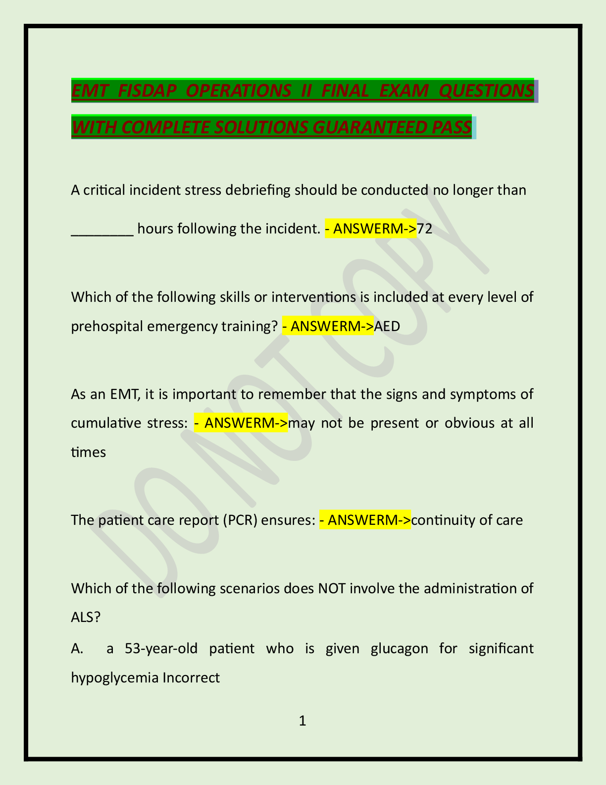 Preview image for EMT FISDAP OPERATIONS II FINAL EXAM QUESTIONS  WITH COMPLETE SOLUTIONS GUARANTEED PASS