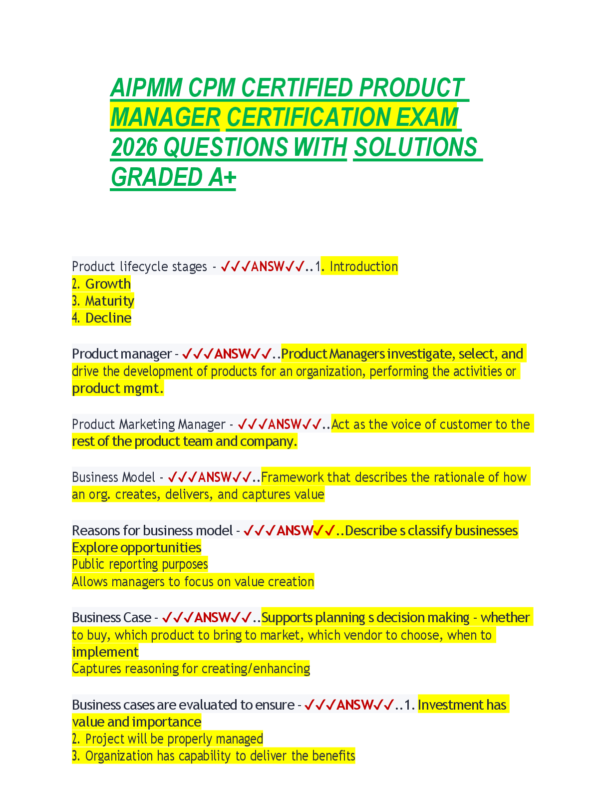 Preview of AIPMM CPM CERTIFIED PRODUCT  MANAGER CERTIFICATION EXAM  2026 QUESTIONS WITH SOLUTIONS  GRADED A+