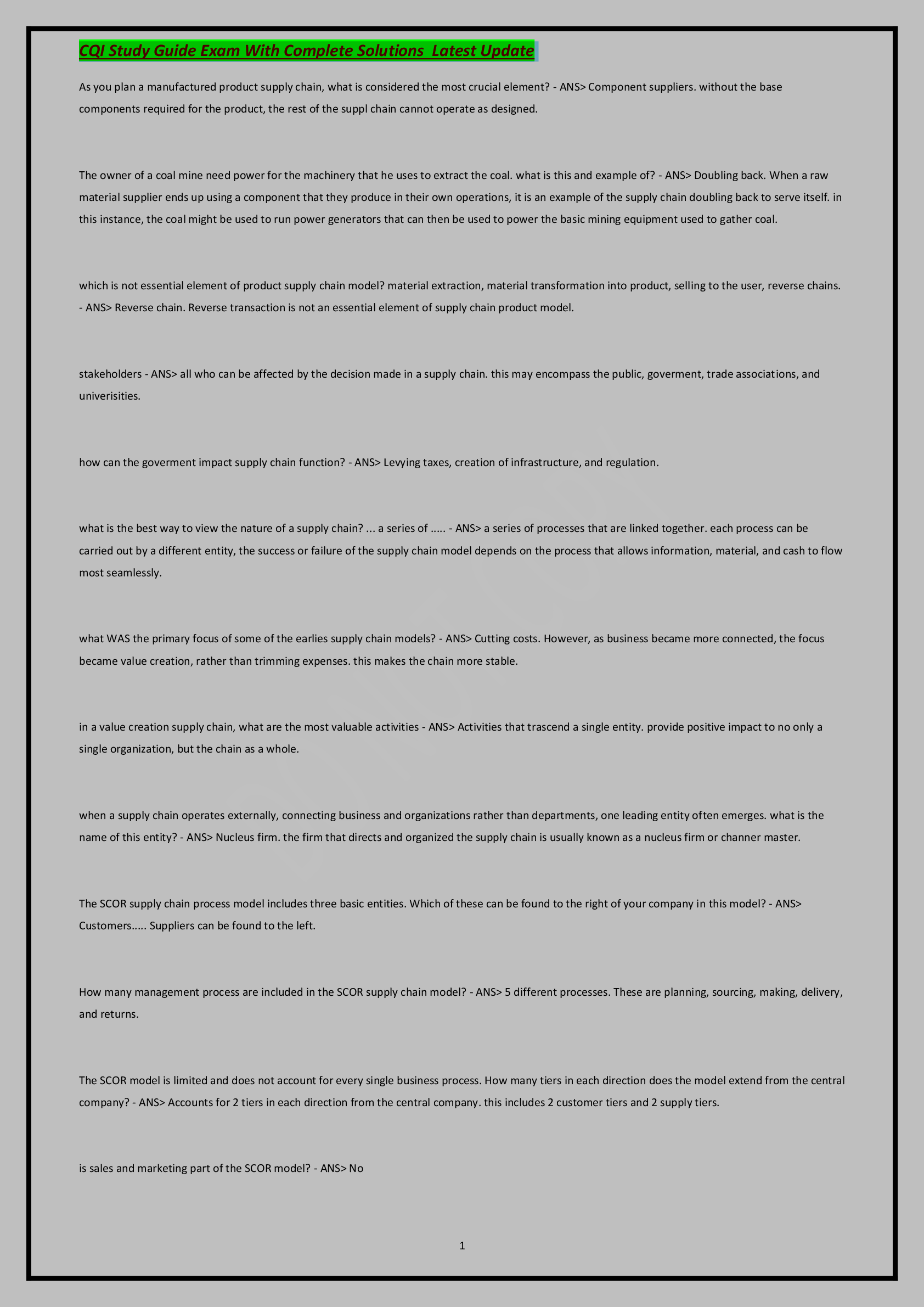 CQI Study Guide Exam With Complete Solutions  Latest Update