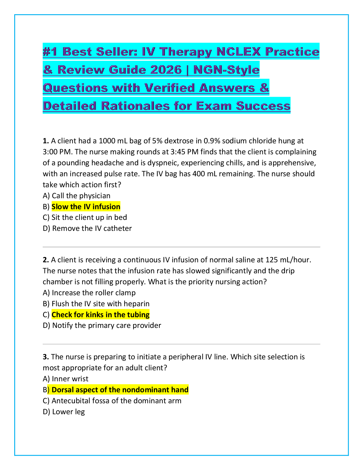 Recommended document preview for #1 Best Seller: IV Therapy NCLEX Practice & Review Guide 2026 | NGN-Style Questions with Verified Answers & Detailed Rationales for Exam Success