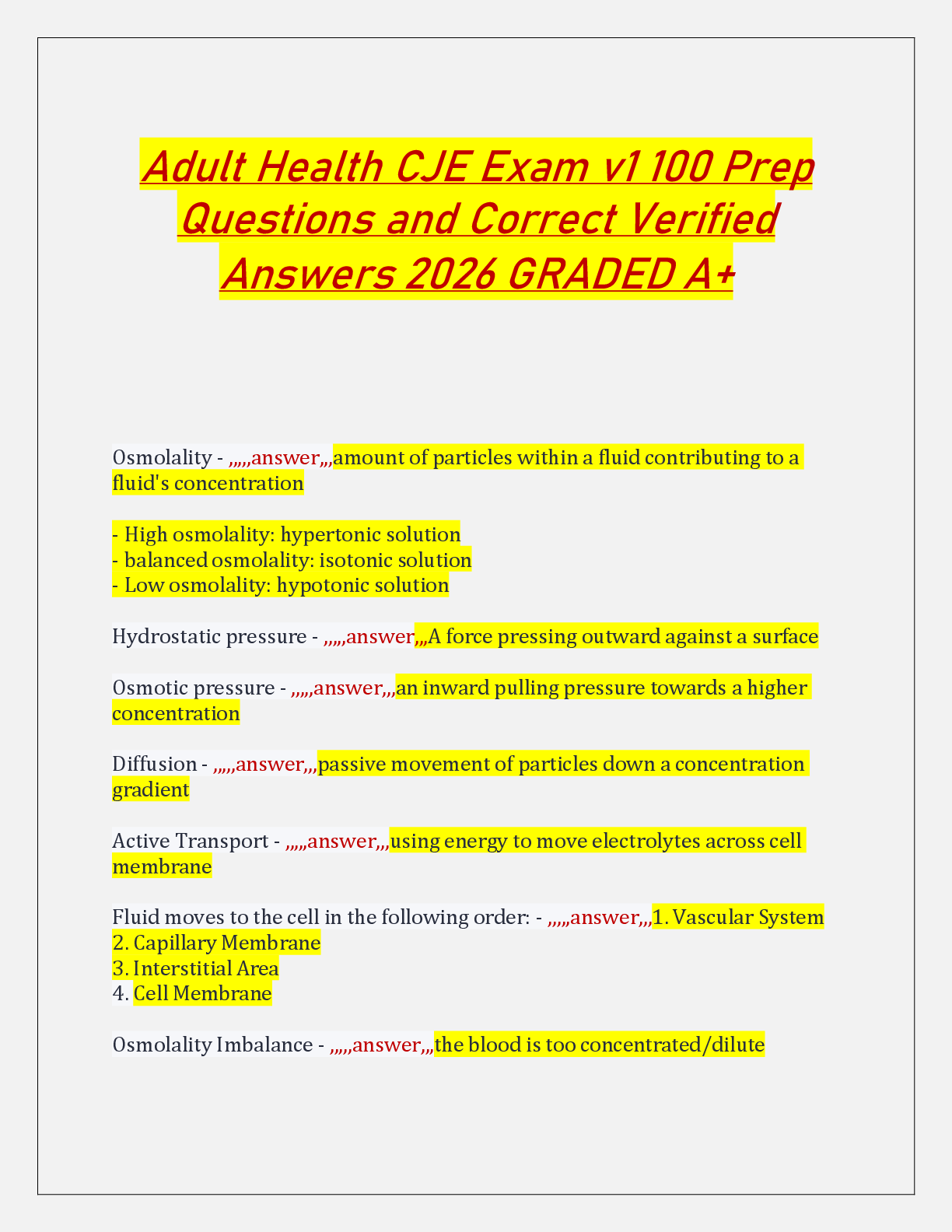 Preview of Adult Health CJE Exam v1 100 Prep  Questions and Correct Verified  Answers 2026 GRADED A+