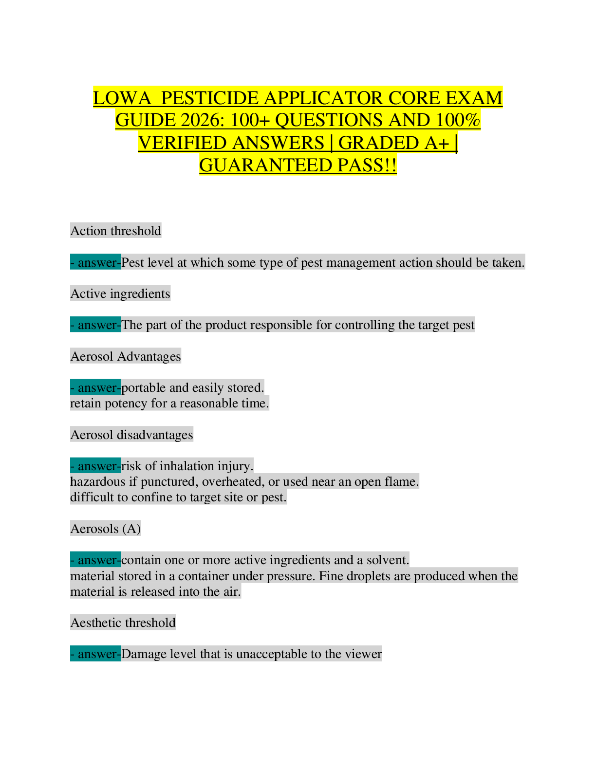 Recommended document preview for Iowa Pesticide Applicator CORE Exam 2026 | 100+ Practice Questions with 100% Verified Answers | IDALS Certification Prep | Complete Study Guide with Definitions, Laws, Bee Rules, Atrazine Limits, IPM, and Label Interpretation