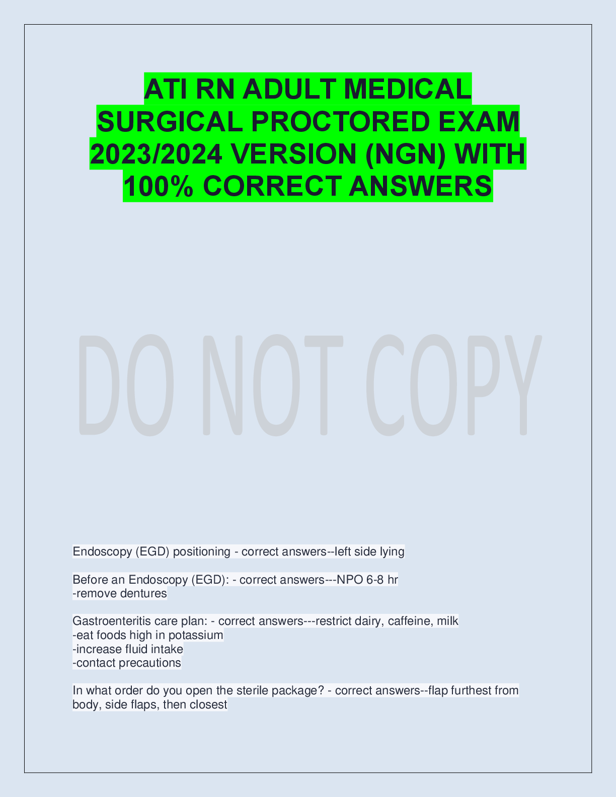 Recommended document preview for ATI RN ADULT MEDICAL  SURGICAL PROCTORED EXAM  2023/2024 VERSION (NGN) WITH  100% CORRECT ANSWERS