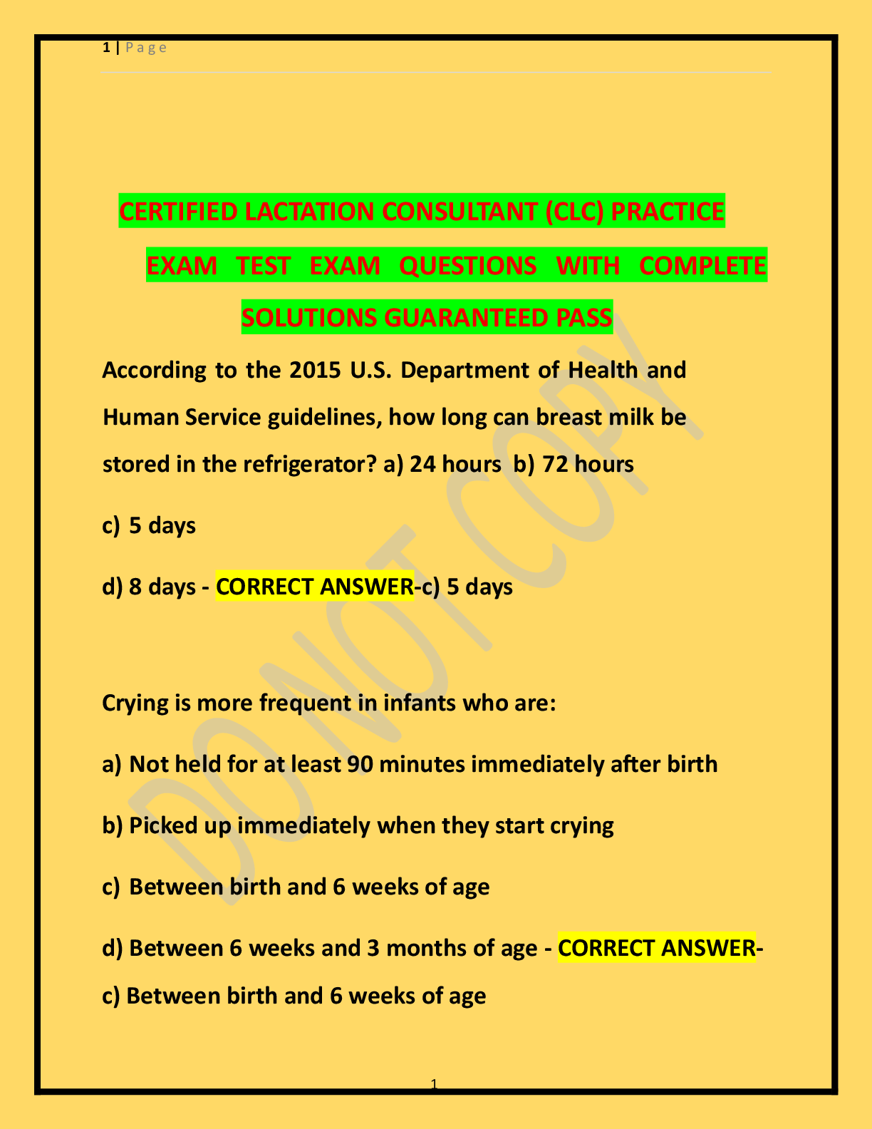 CERTIFIED LACTATION CONSULTANT (CLC) PRACTICE   EXAM TEST EXAM QUESTIONS WITH COMPLETE  SOLUTIONS GUARANTEED PASS