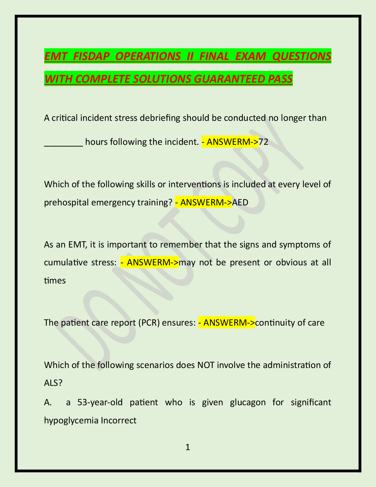 Preview image for EMT FISDAP OPERATIONS II FINAL EXAM QUESTIONS WITH CORRECT ANSWERS